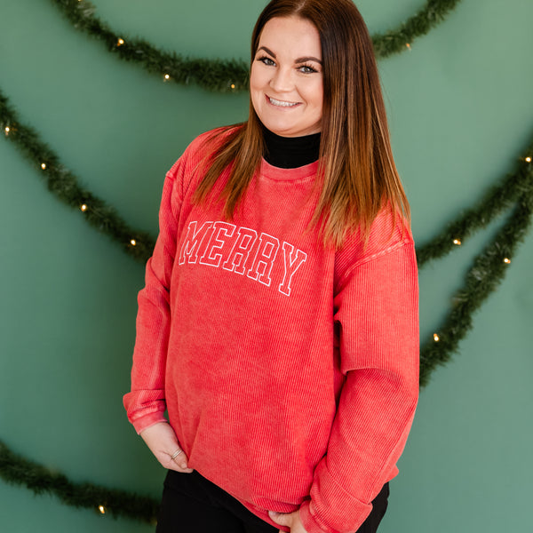 Embroidered Corded Sweatshirt - Red - Merry(Outline)