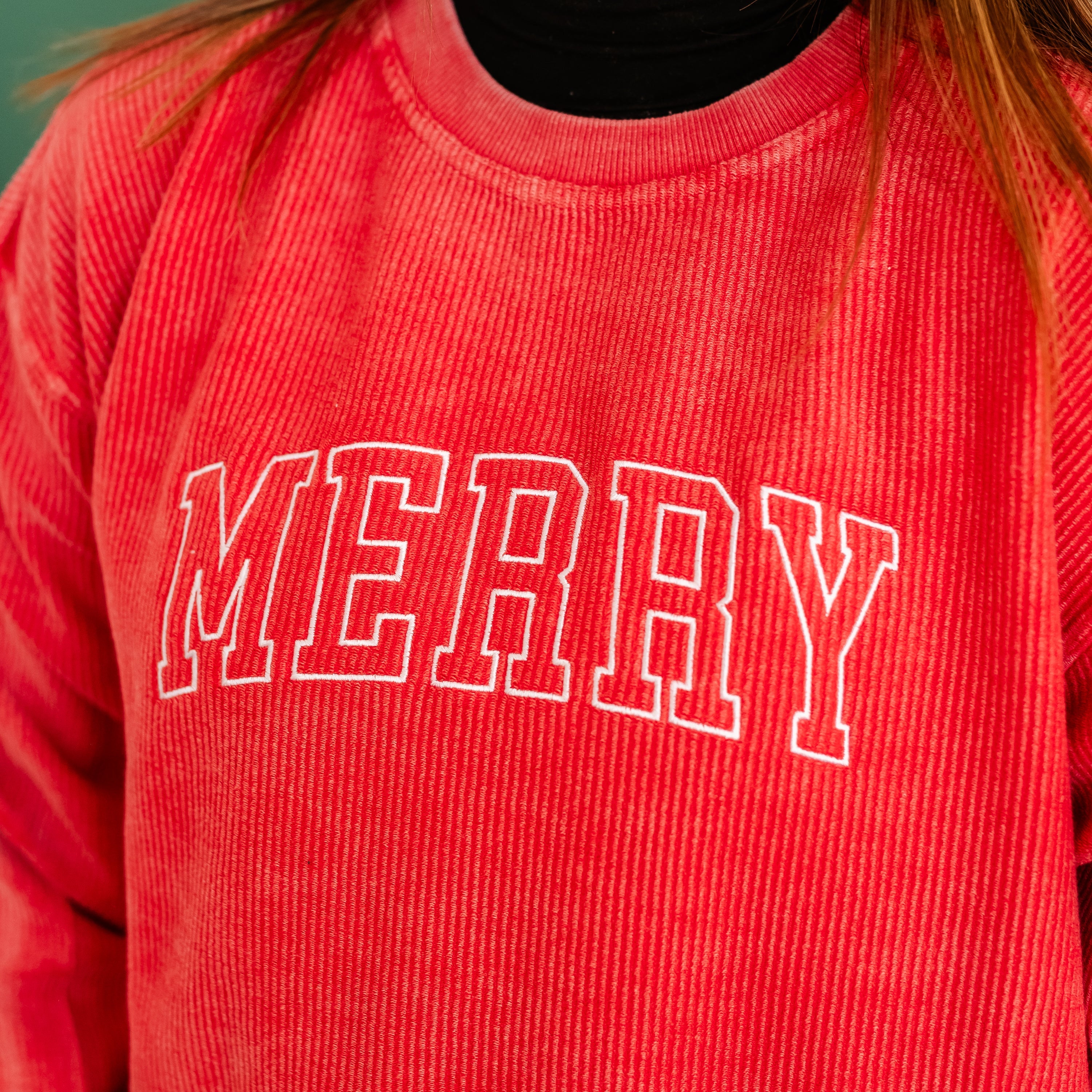 Embroidered Corded Sweatshirt - Red - Merry(Outline) Little Mama Shirt Shop LLC