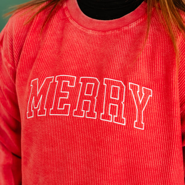 Embroidered Corded Sweatshirt - Red - Merry(Outline)