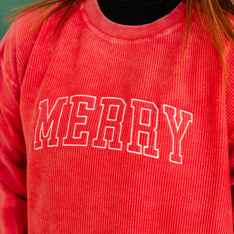 Embroidered Corded Sweatshirt - Red - Merry(Outline)