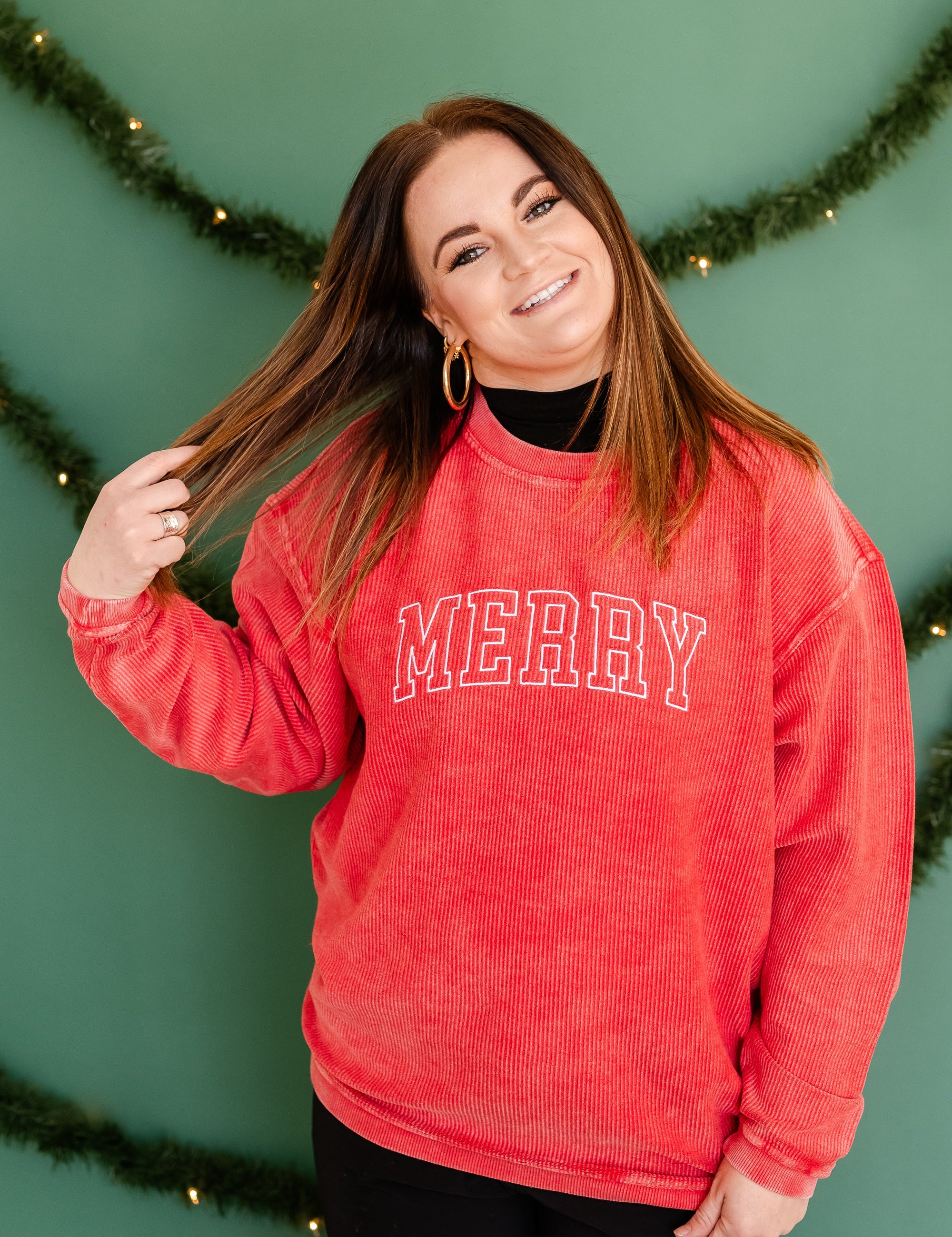 Embroidered Corded Sweatshirt - Red - Merry(Outline) Little Mama Shirt Shop LLC