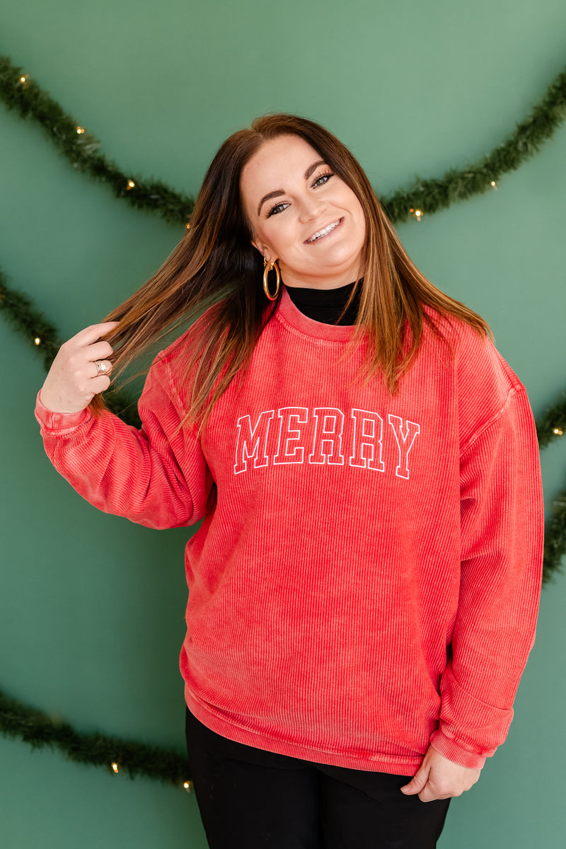 Embroidered Corded Sweatshirt - Red - Merry(Outline)