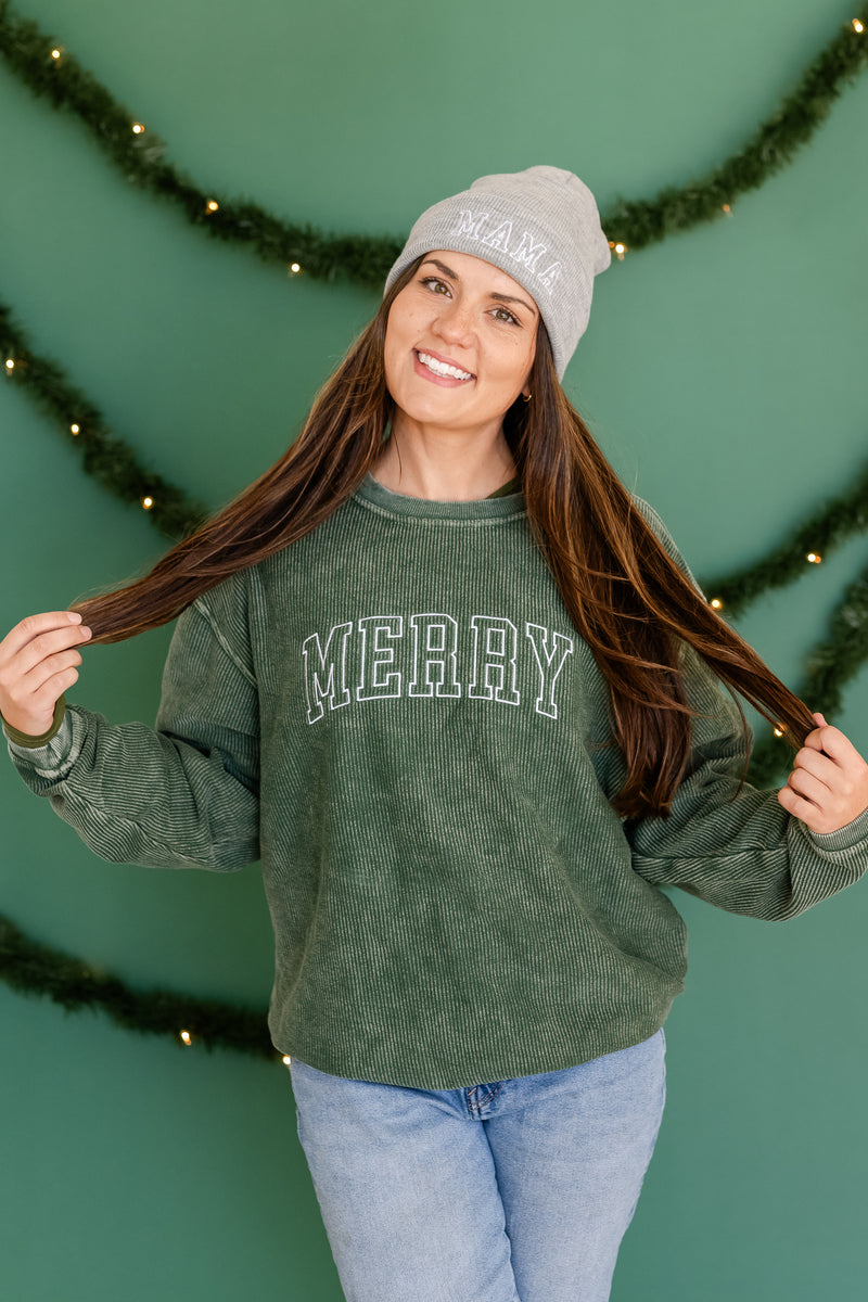 Embroidered Corded Sweatshirt - Forest Green - Merry (Outline)