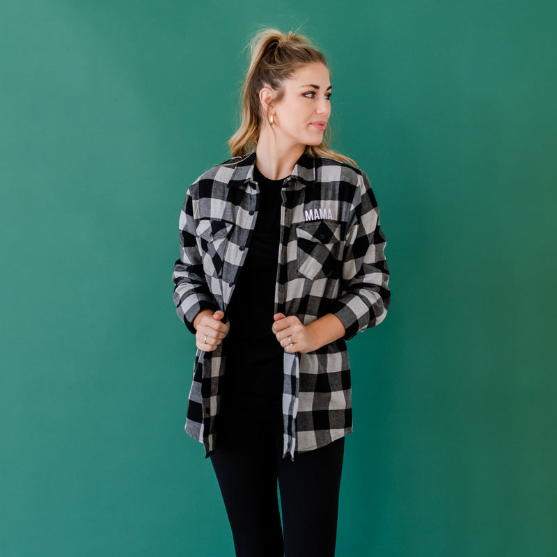 Flannel Lightweight Shacket - Black+Gray w/ MAMA Embroidery (White Thread)
