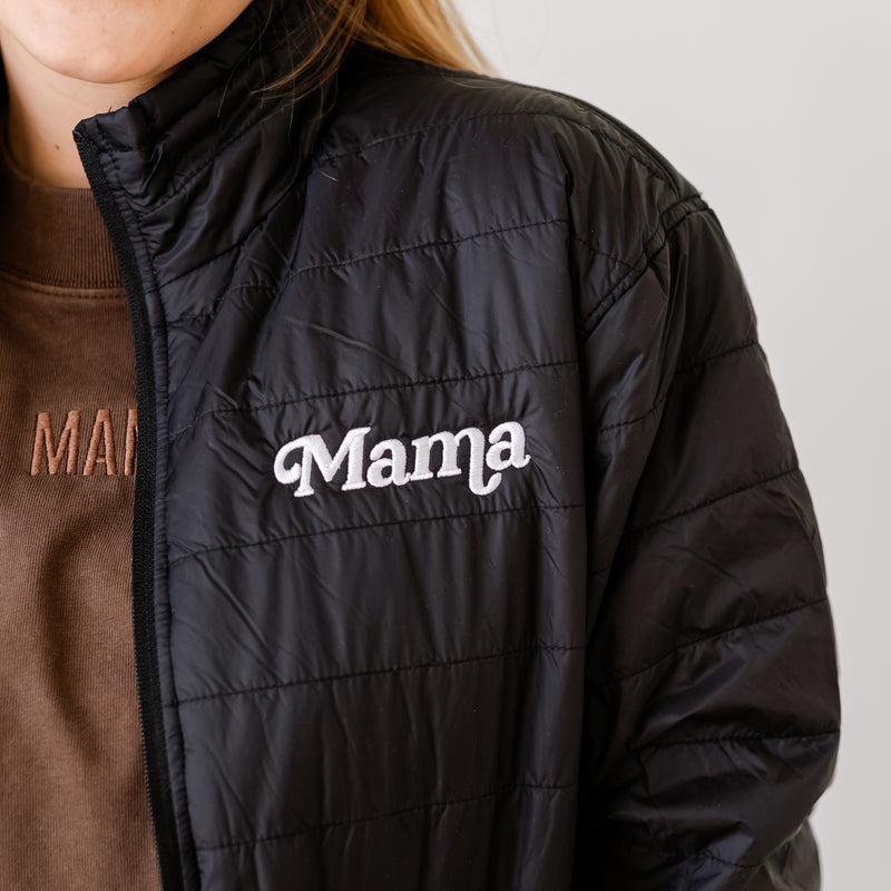CAPSULE PIECE - MAMA Puffer Jacket in Black - (Embroidered - Mama - Italic)