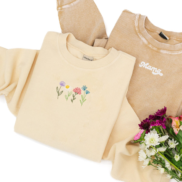 Cream Corded Sweatshirt - Embroidered - Spring Flowers - Multi-Colored Thread