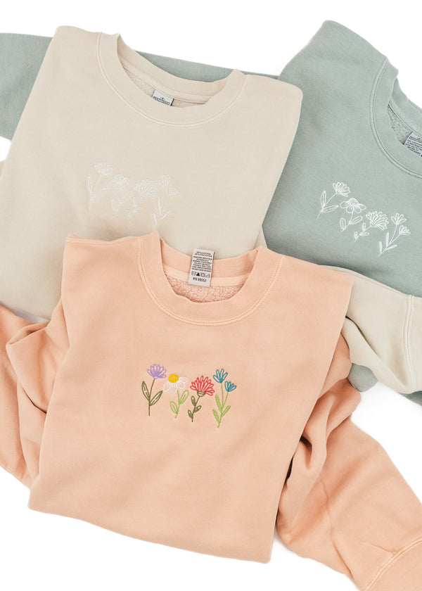 Embroidered Pigment Crewneck Sweatshirt - SPRING FLOWERS