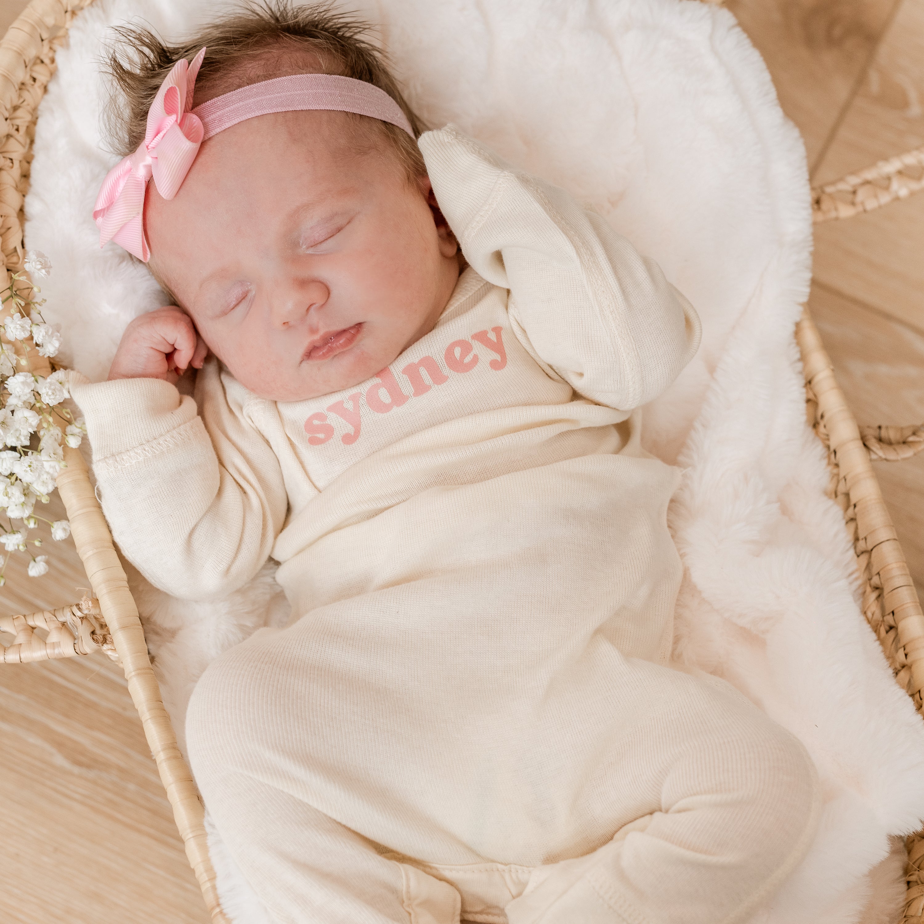 Personalized Baby Sleeper - Rose Avenue Font Little Mama Shirt Shop