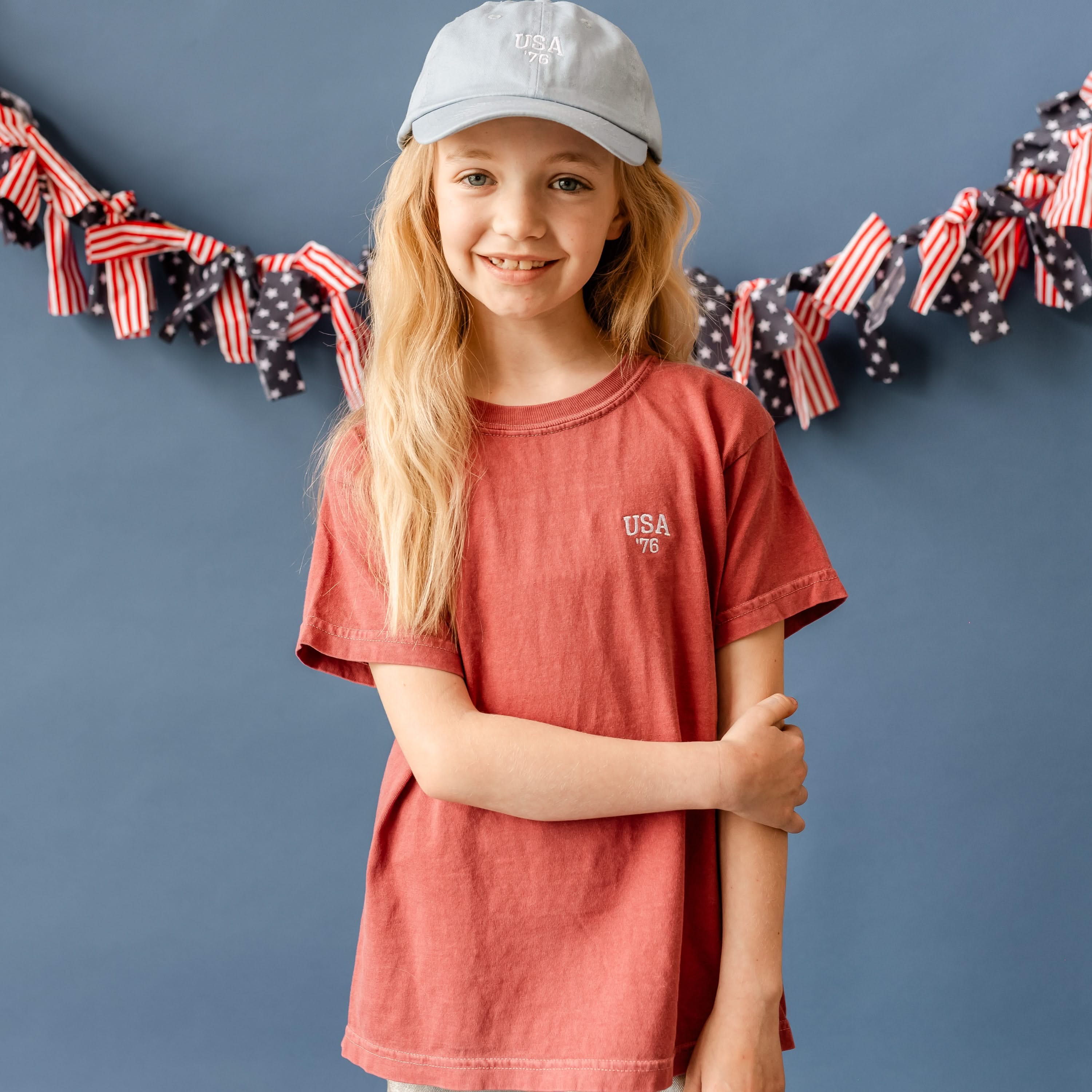 Embroidered YOUTH Comfort Colors Tee - USA '76 (pocket) Little Mama Shirt Shop