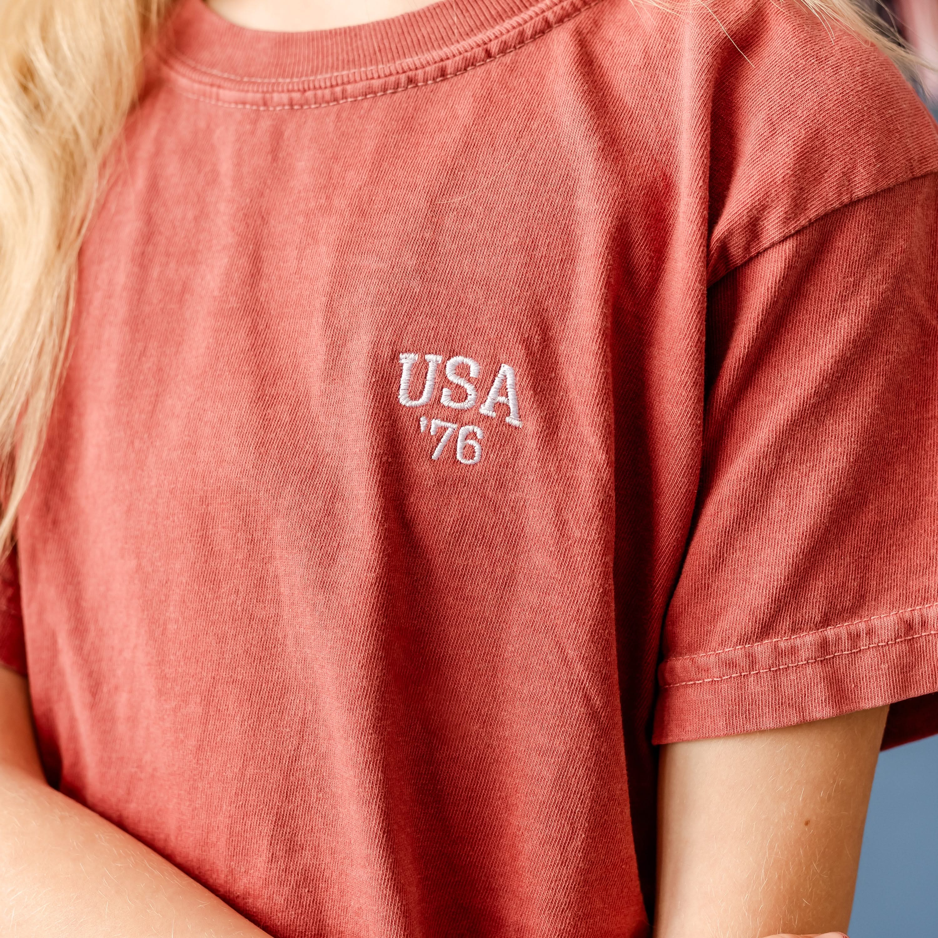 Embroidered YOUTH Comfort Colors Tee - USA '76 (pocket) Little Mama Shirt Shop