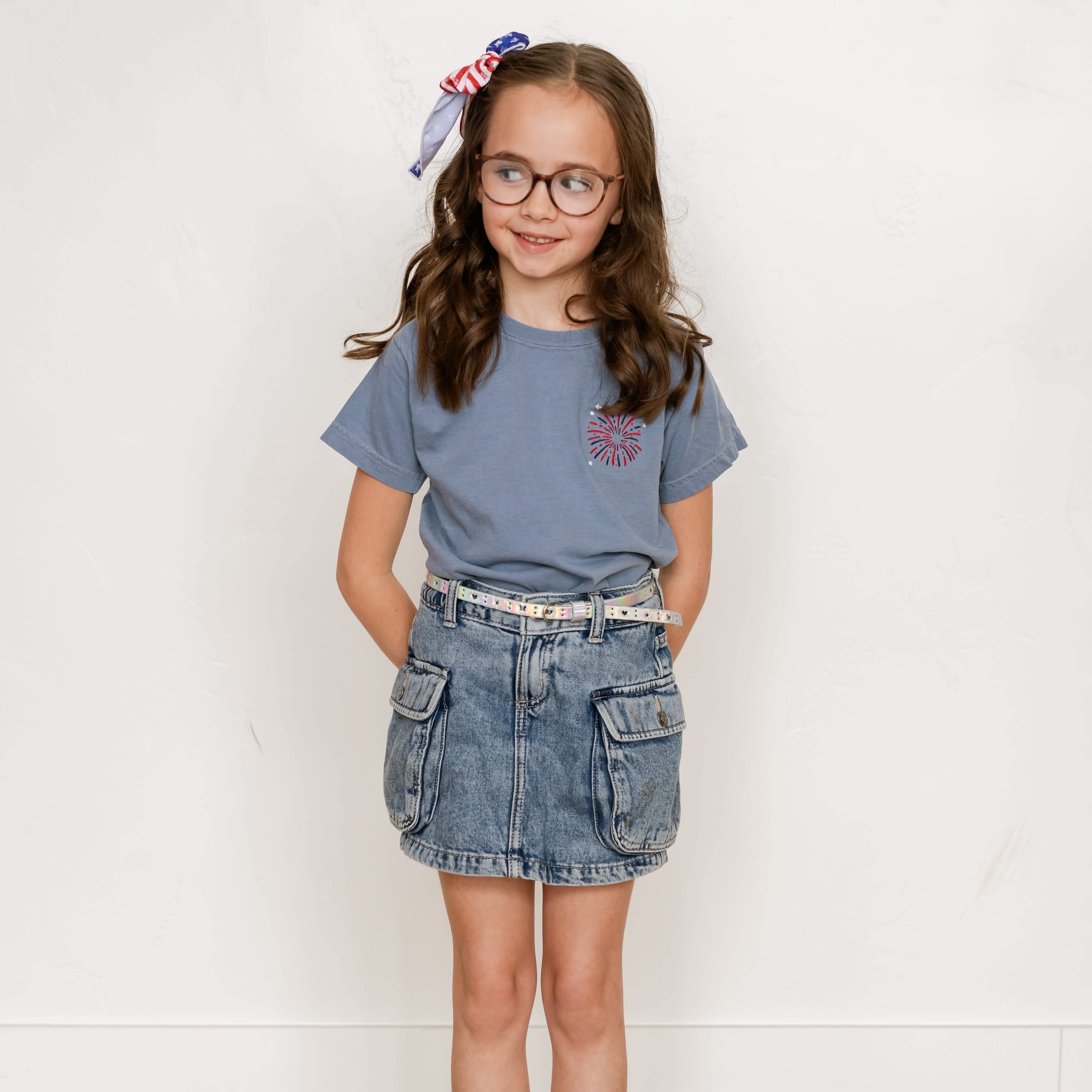 Embroidered YOUTH Comfort Colors Tee - Fourth of July Fireworks (pocket) Little Mama Shirt Shop