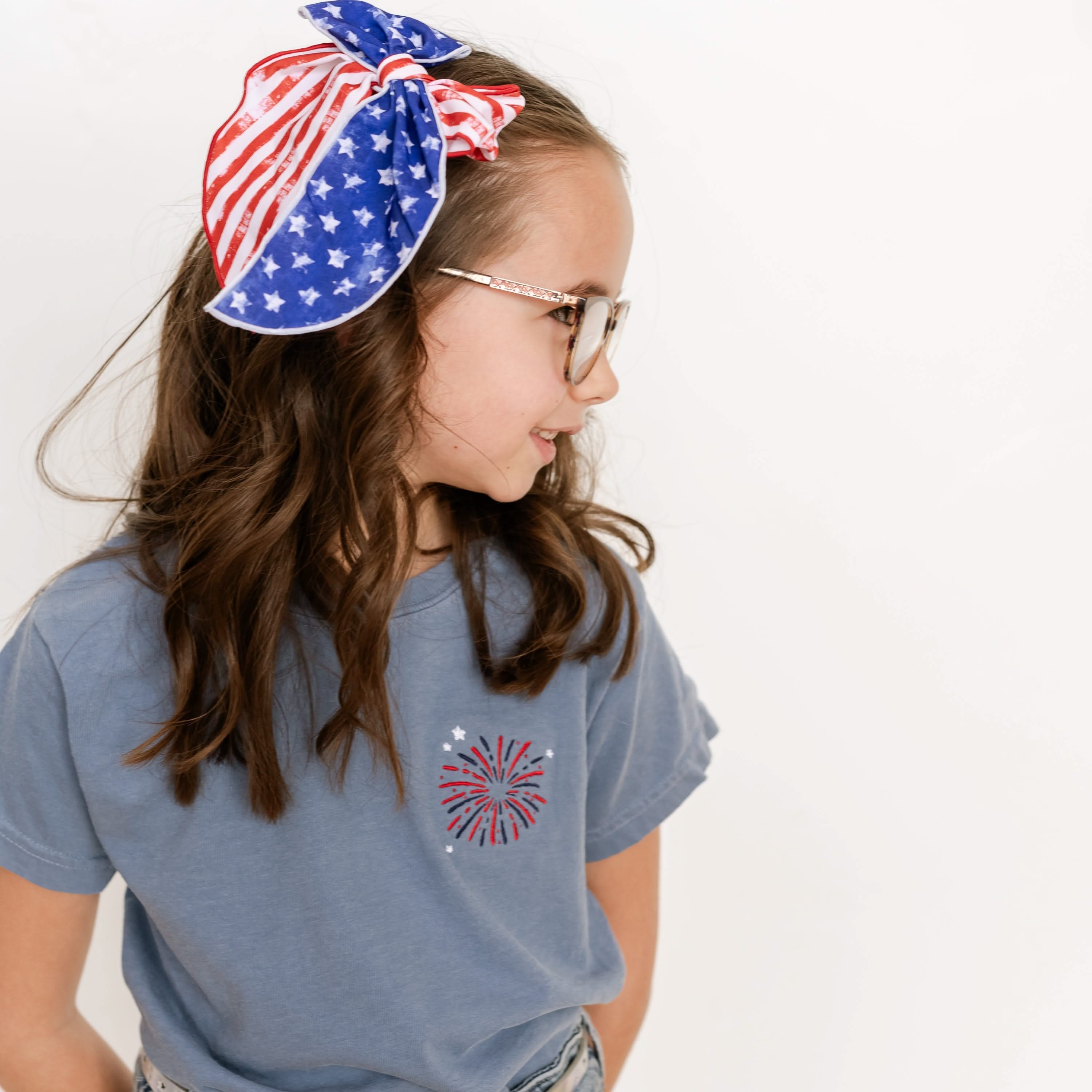 Embroidered YOUTH Comfort Colors Tee - Fourth of July Fireworks (pocket) Little Mama Shirt Shop