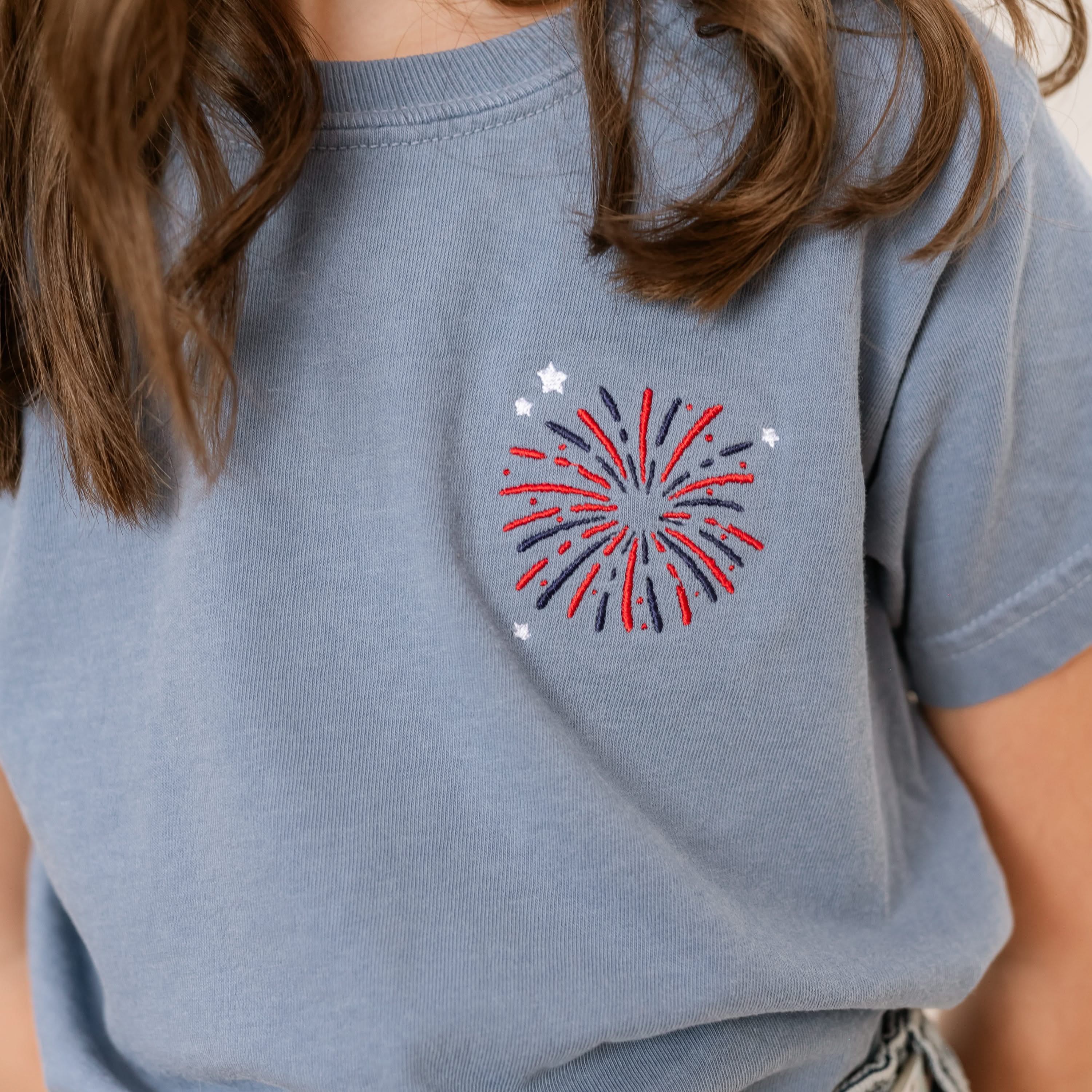 Embroidered YOUTH Comfort Colors Tee - Fourth of July Fireworks (pocket) Little Mama Shirt Shop
