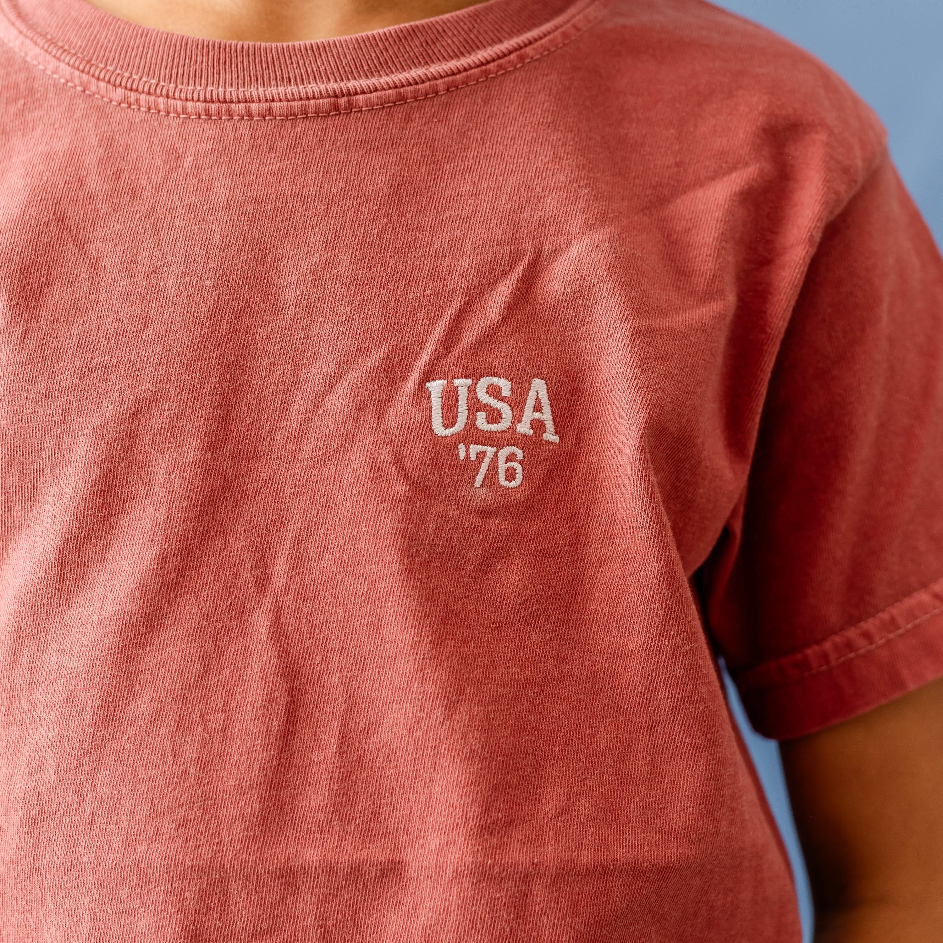 Embroidered YOUTH Comfort Colors Tee - USA '76 (pocket) Little Mama Shirt Shop