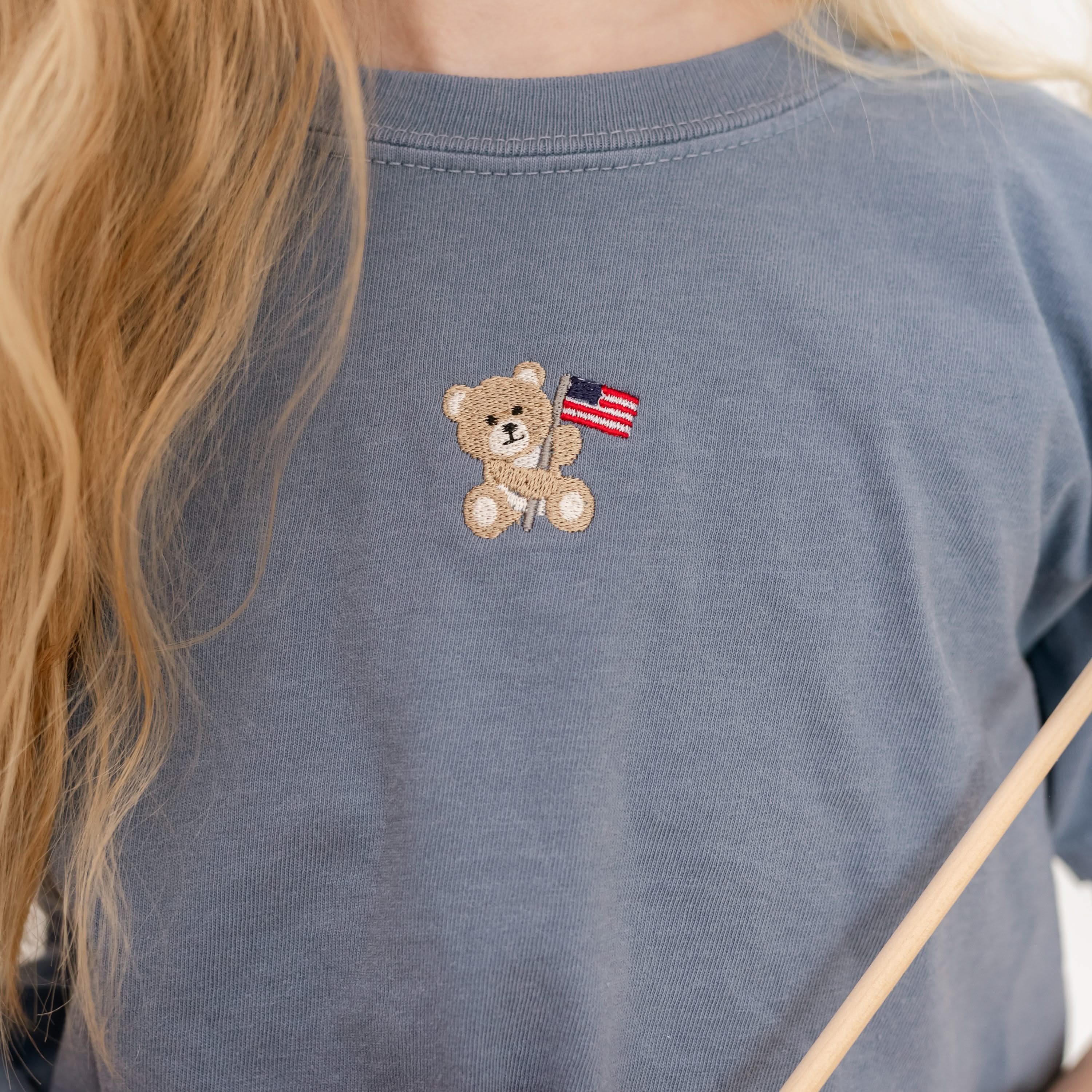 Embroidered YOUTH Comfort Colors Tee - American Bear (center) Little Mama Shirt Shop