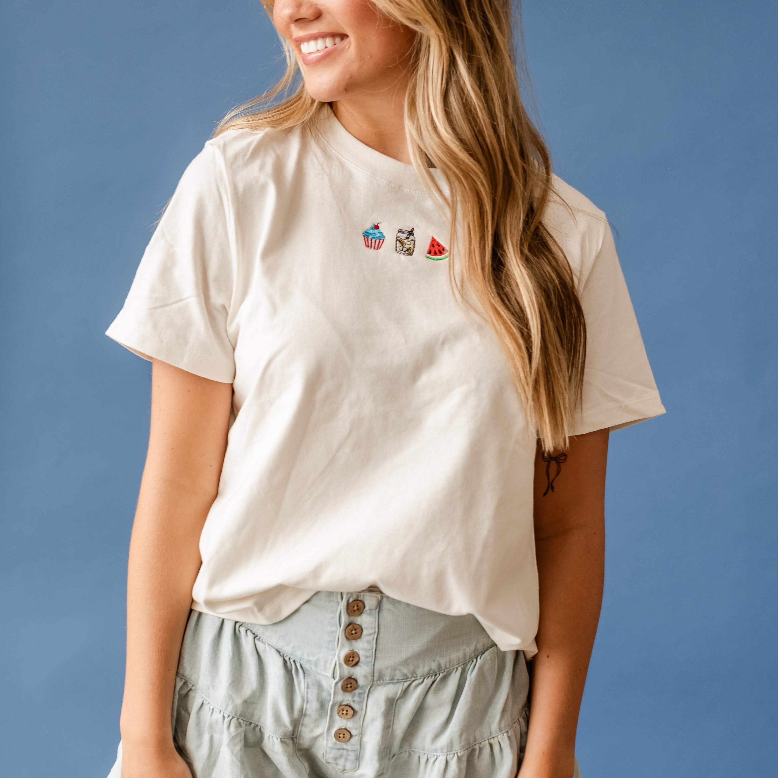 Embroidered Women's Heavyweight Tee - Patriotic Sweet Treats (center) Little Mama Shirt Shop