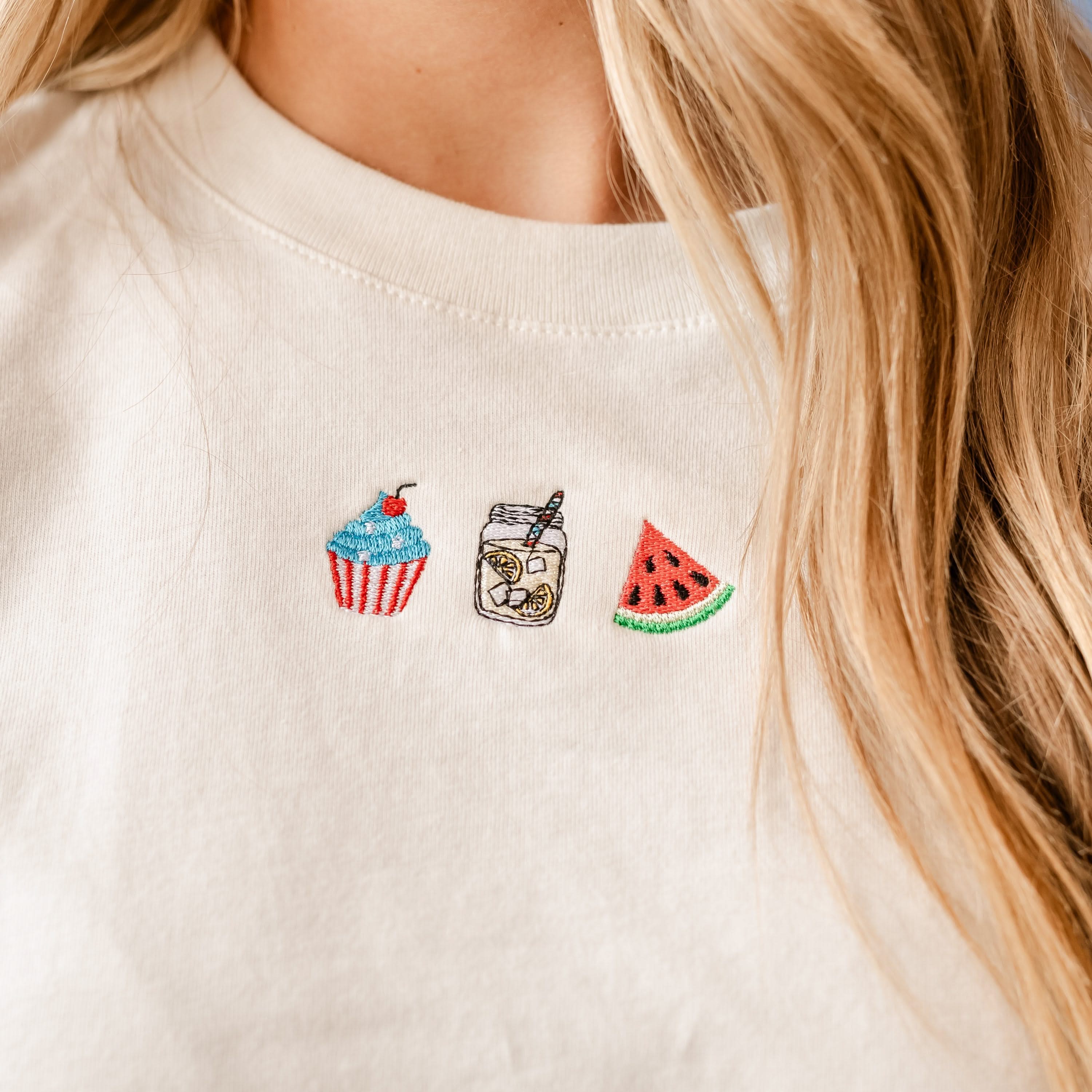 Embroidered Women's Heavyweight Tee - Patriotic Sweet Treats (center) Little Mama Shirt Shop