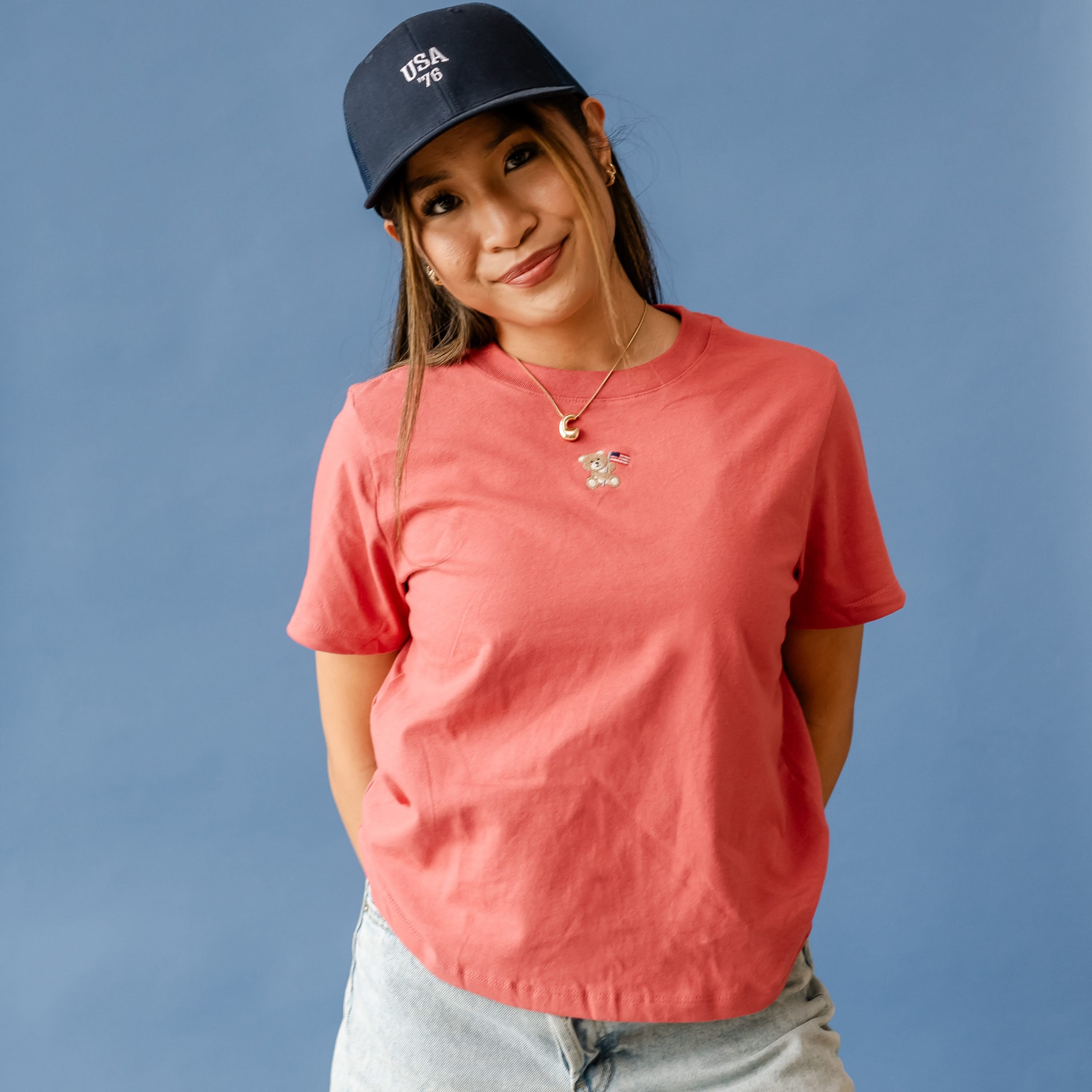 Embroidered Women's Heavyweight Tee - American Bear (center) Little Mama Shirt Shop