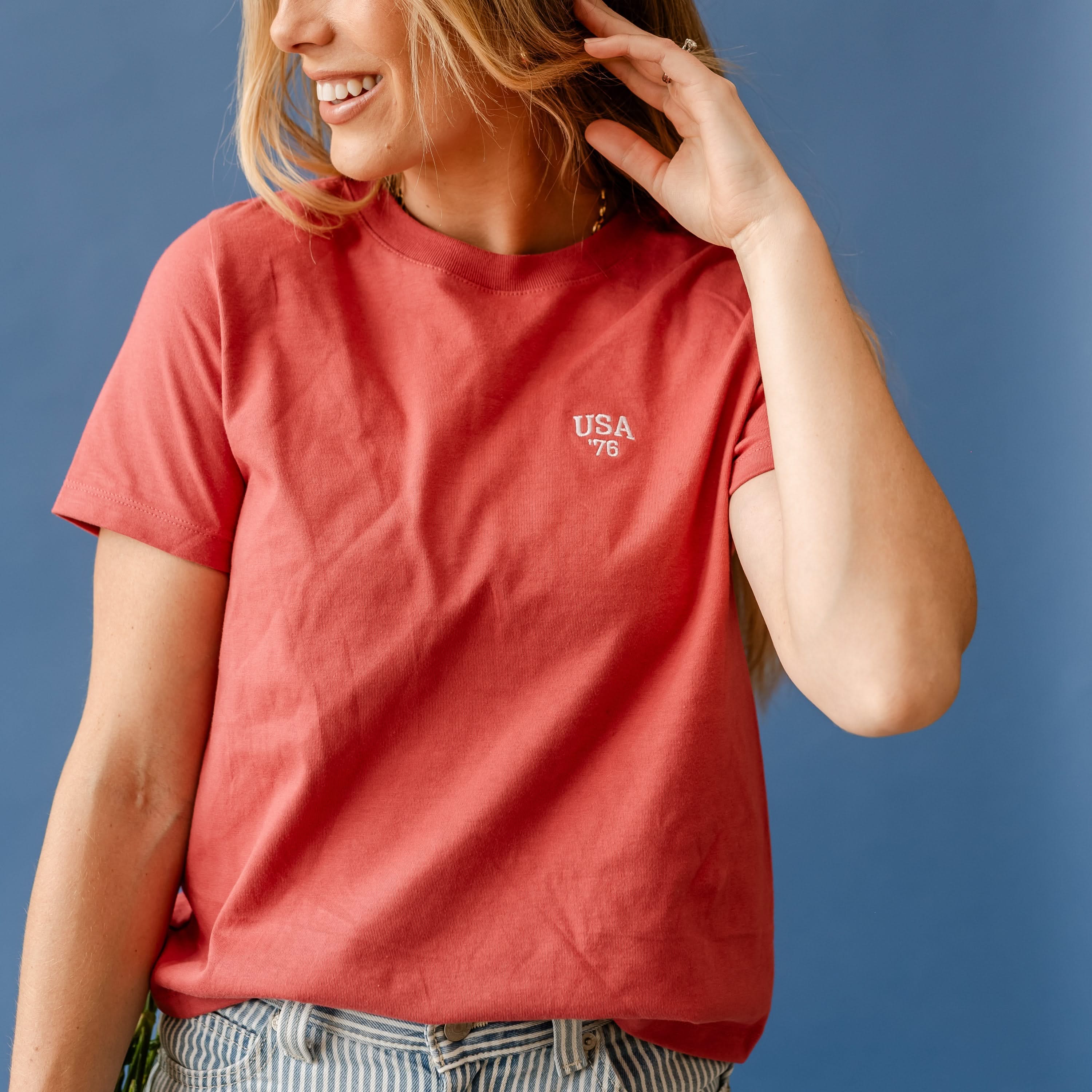 Embroidered Women's Heavyweight Tee - USA '76 (pocket) Little Mama Shirt Shop
