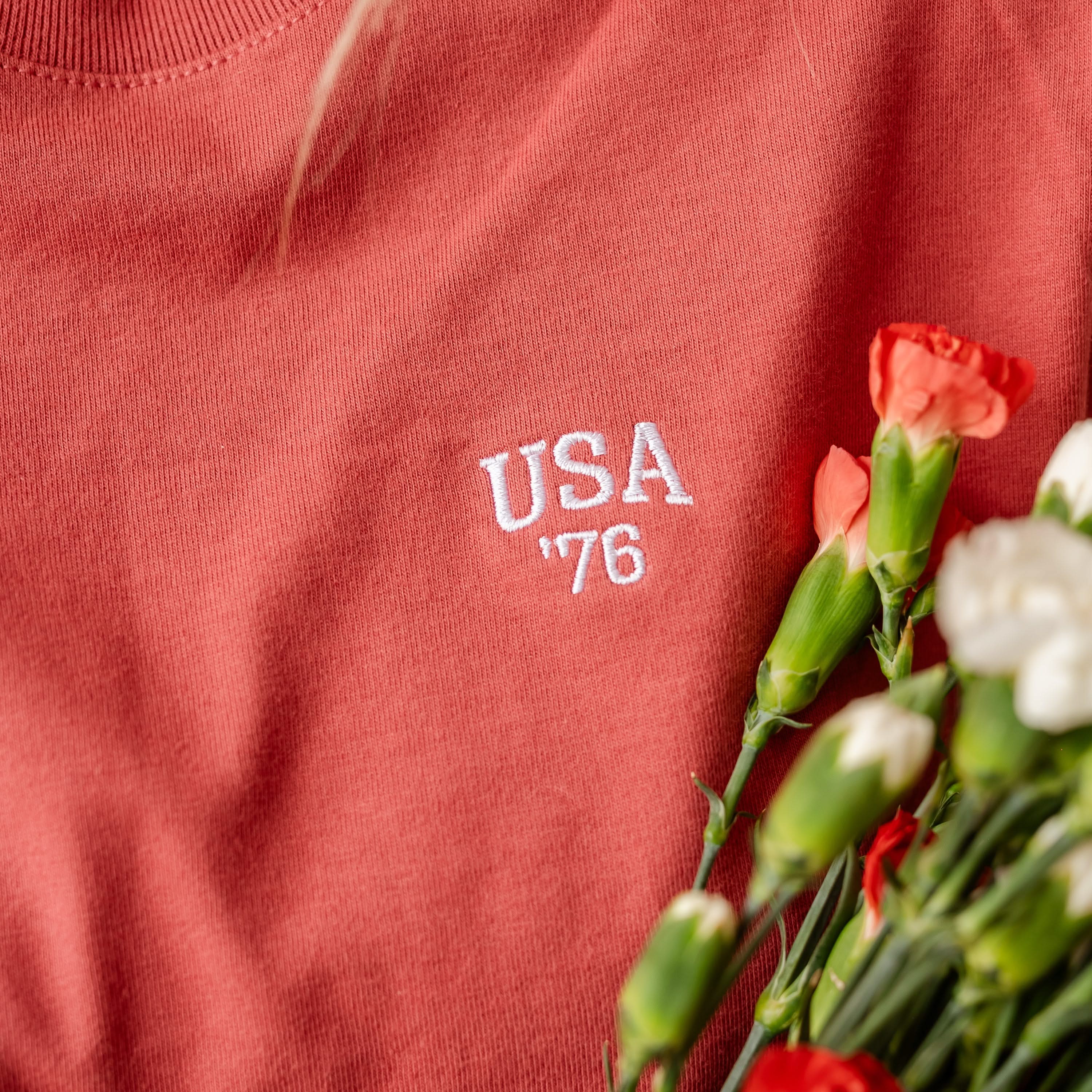 Embroidered Women's Heavyweight Tee - USA '76 (pocket) Little Mama Shirt Shop