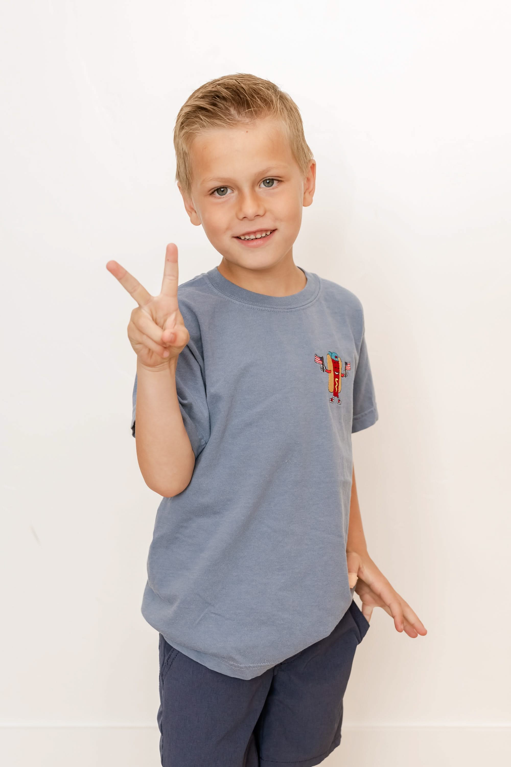 Embroidered YOUTH Comfort Colors Tee - Patriotic Hot Dog (pocket) Little Mama Shirt Shop