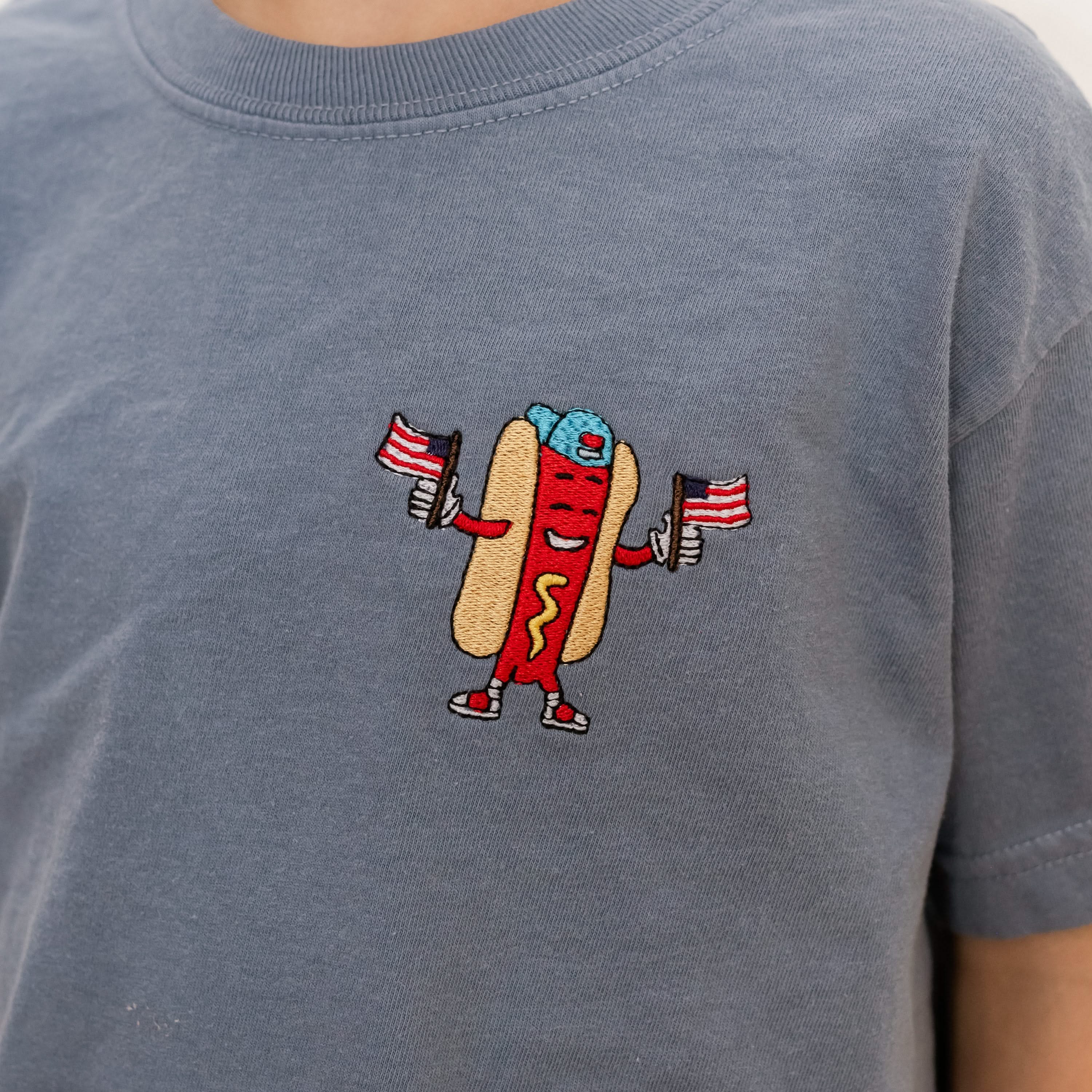 Embroidered YOUTH Comfort Colors Tee - Patriotic Hot Dog (pocket) Little Mama Shirt Shop