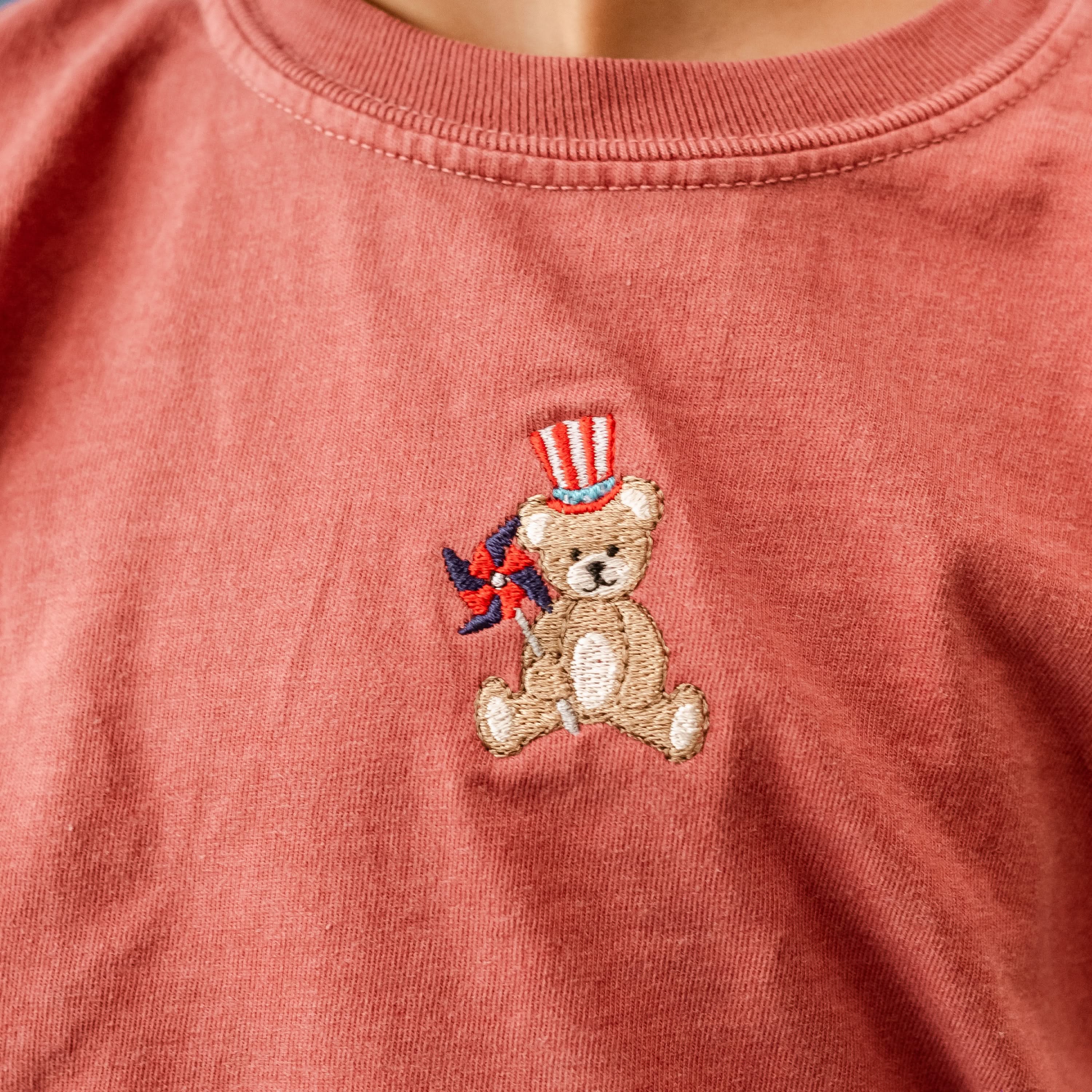Embroidered YOUTH Comfort Colors Tee - Teddy with Patriotic Top Hat and Pinwheel (center) Little Mama Shirt Shop