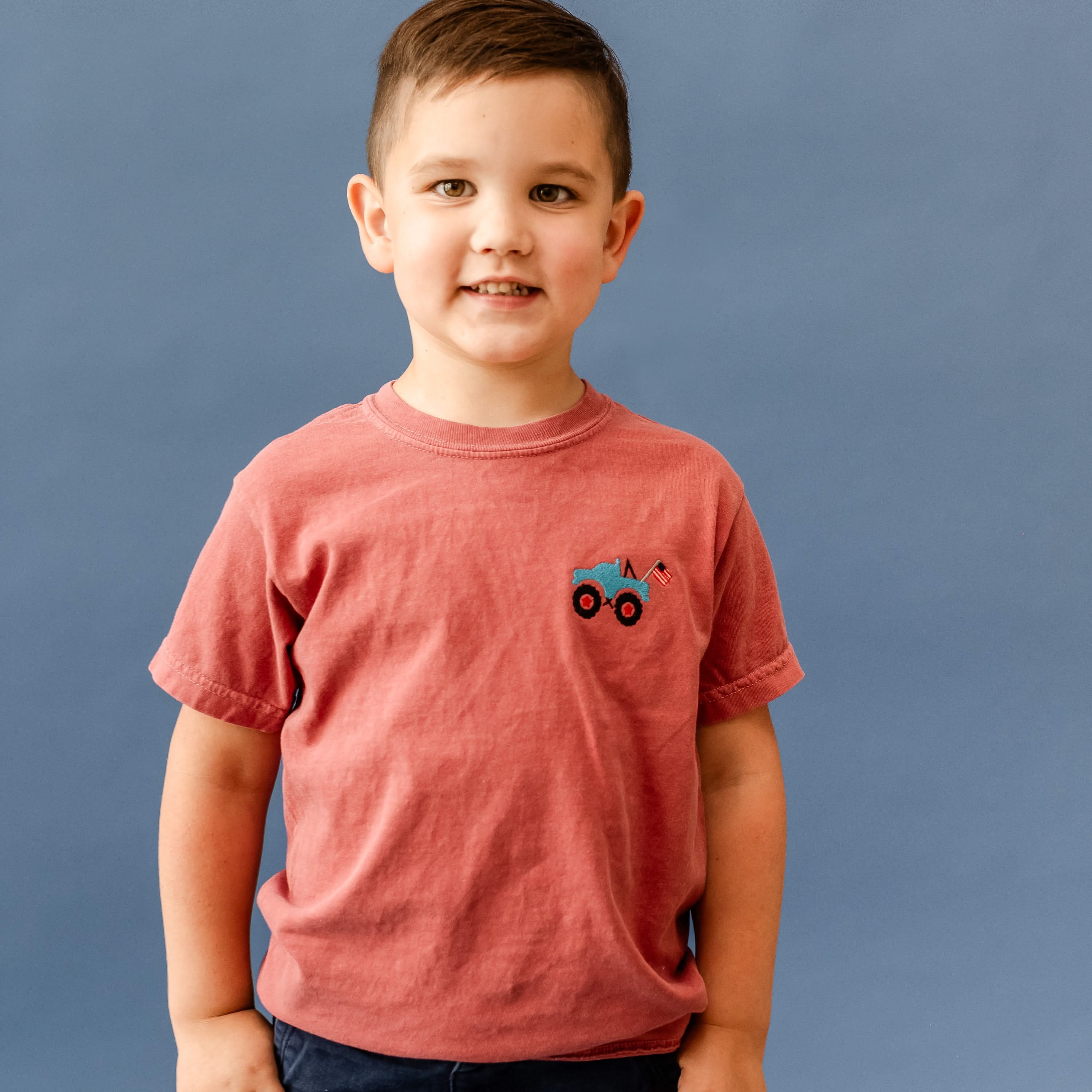 Embroidered YOUTH Comfort Colors Tee - Monster Truck (pocket) Little Mama Shirt Shop