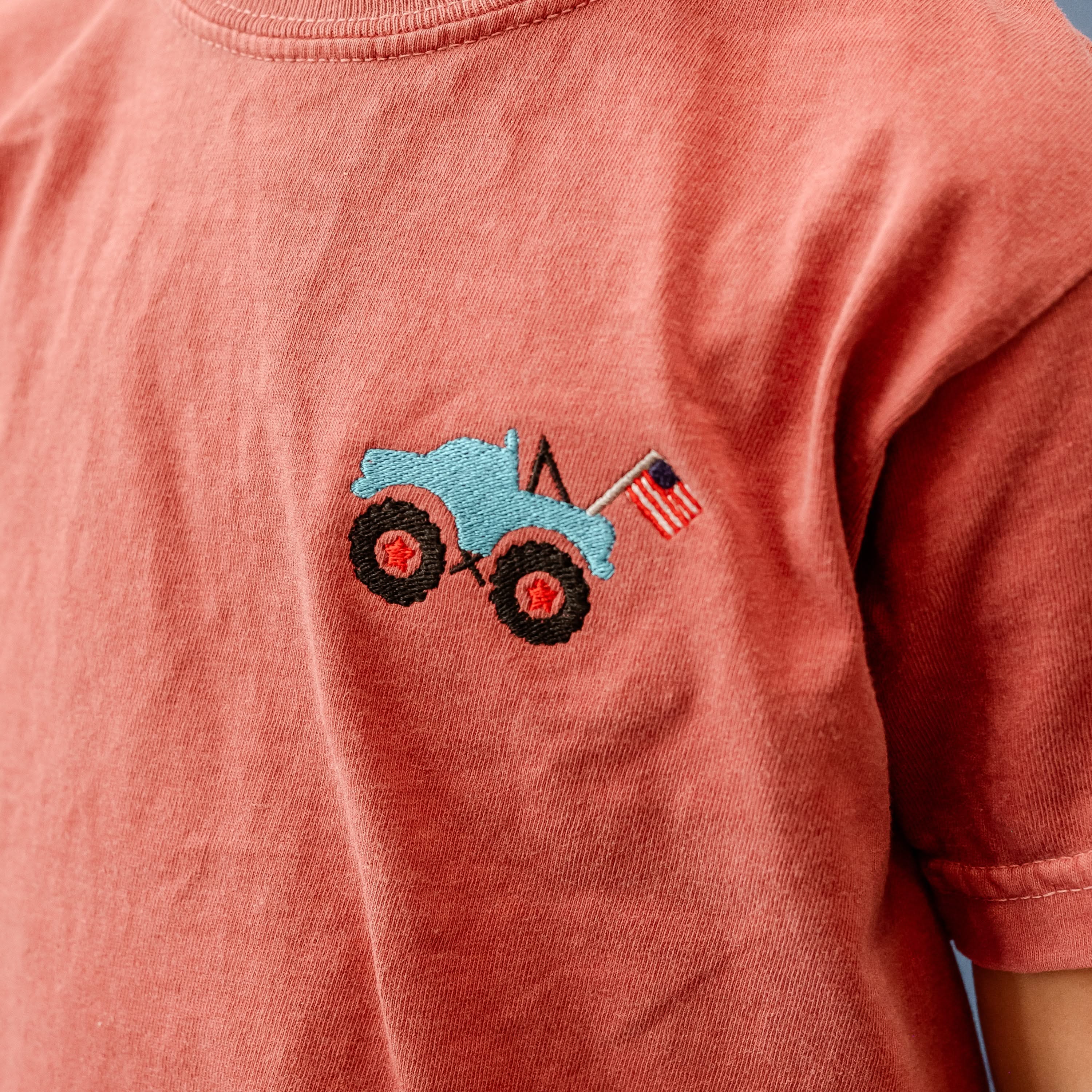 Embroidered YOUTH Comfort Colors Tee - Monster Truck (pocket) Little Mama Shirt Shop