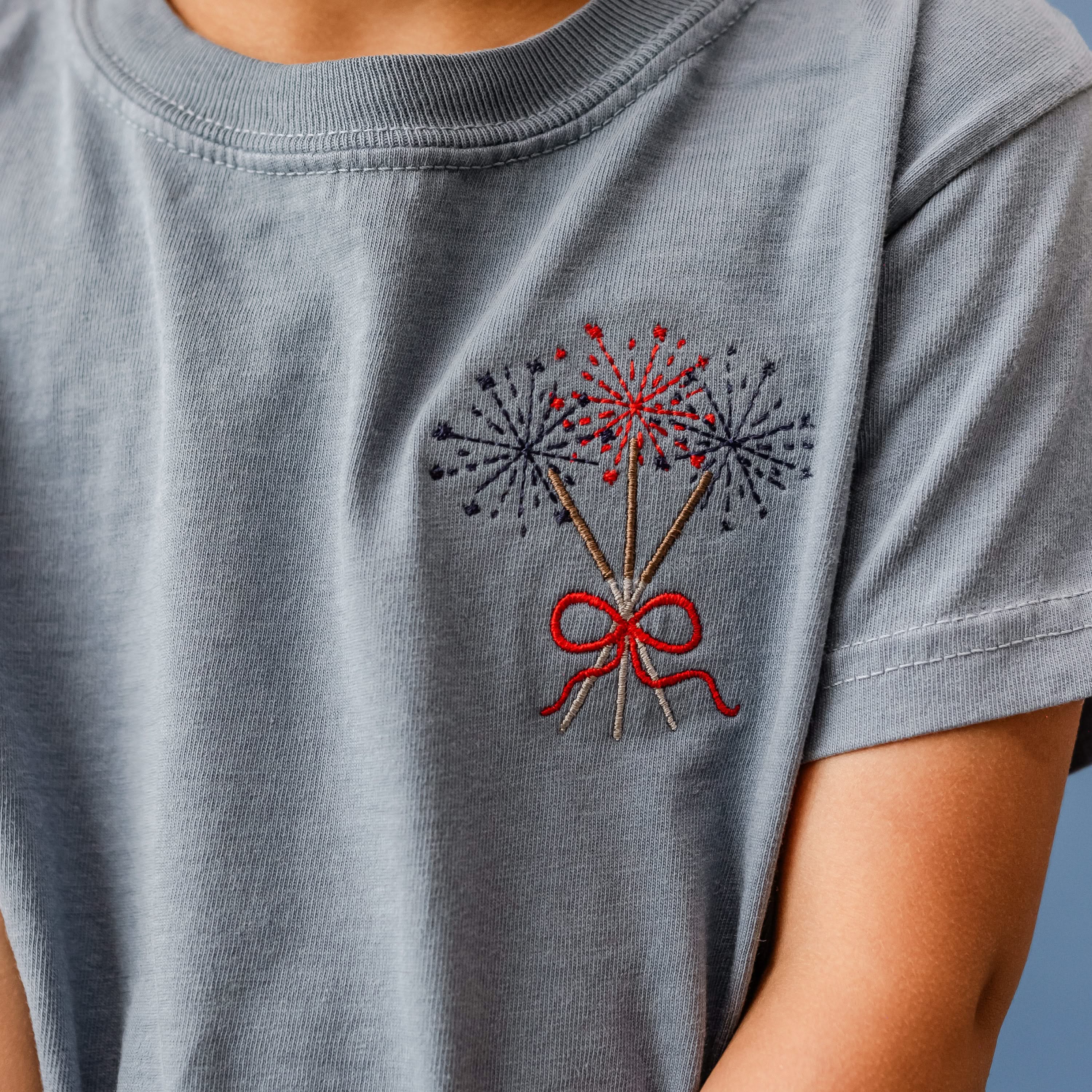 Embroidered YOUTH Comfort Colors Tee - Dainty Sparklers (pocket) Little Mama Shirt Shop