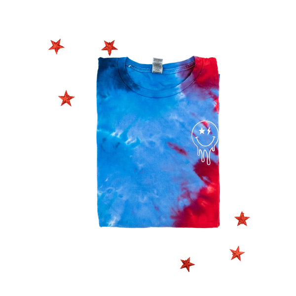 Melty Smiley - (Lightning/Star Eyes) - Red/Blue Tie-Dye - EMBROIDERED TEE
