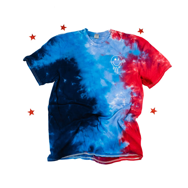 Melty Smiley - (Lightning/Star Eyes) - Red/Blue Tie-Dye - EMBROIDERED TEE