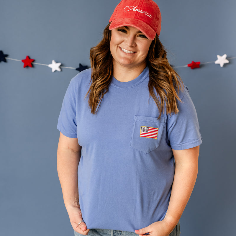 Embroidered Comfort Colors Pocket Tee - Classic American Flag