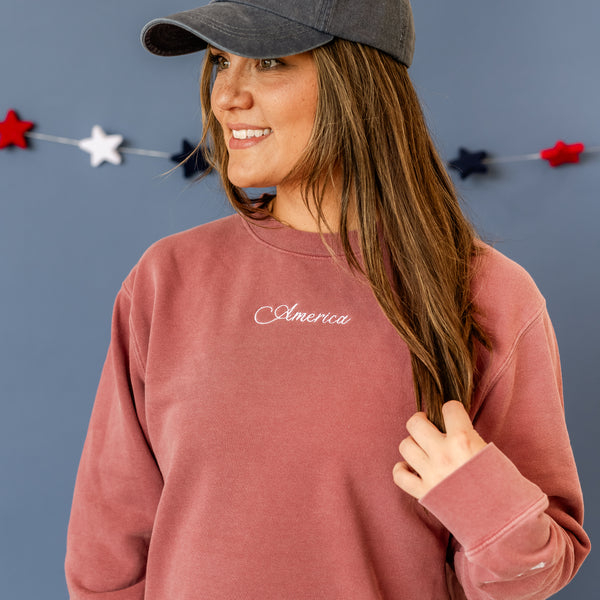 Embroidered Pigment Crewneck Sweatshirt - Classic America w/ Stars on Sleeve