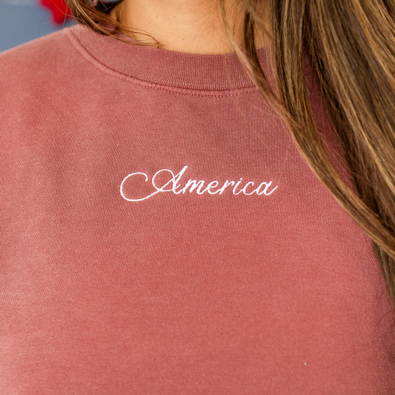 Embroidered Pigment Crewneck Sweatshirt - Classic America w/ Stars on Sleeve