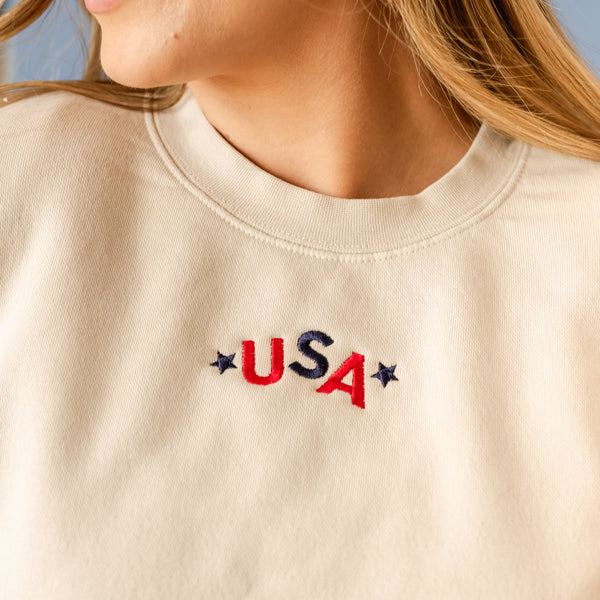 Embroidered Pigment Crewneck Sweatshirt - USA - Tumbling Letters