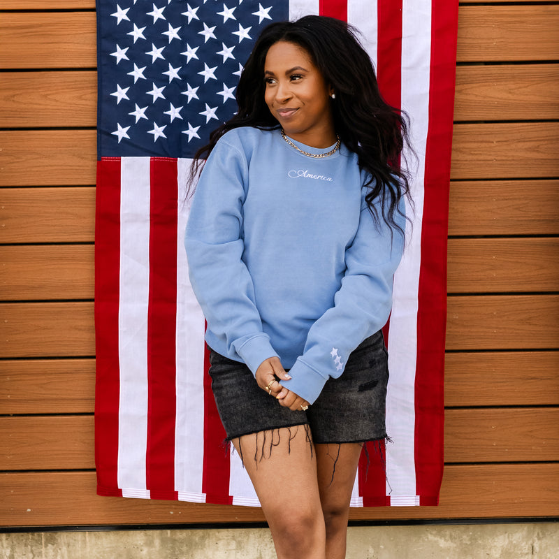 Embroidered Pigment Crewneck Sweatshirt - Classic America w/ Stars on Sleeve