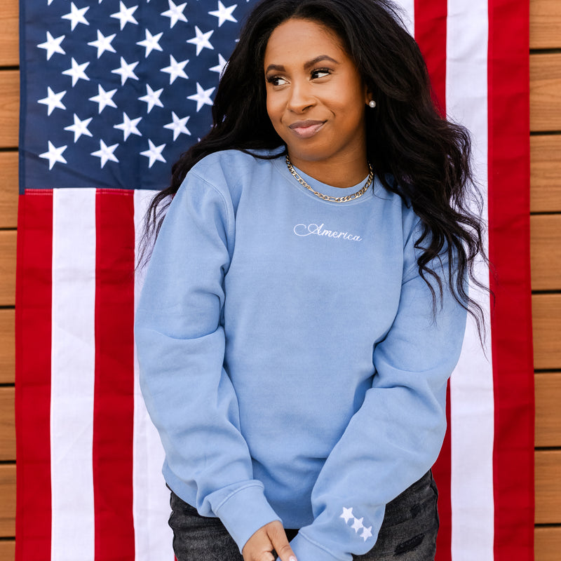 Embroidered Pigment Crewneck Sweatshirt - Classic America w/ Stars on Sleeve