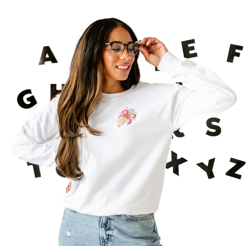 EMBROIDERED - PENCIL WITH BOW - BASIC FLEECE CREWNECK