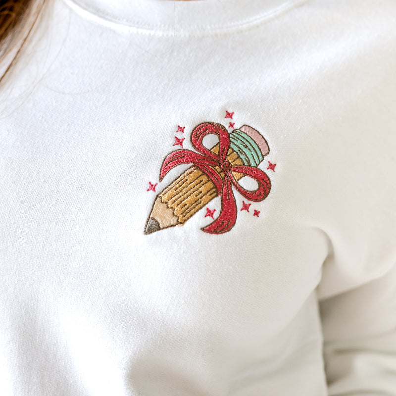 EMBROIDERED - PENCIL WITH BOW - BASIC FLEECE CREWNECK