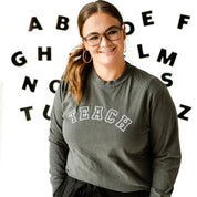 Embroidered Long Sleeve Comfort Colors Tee - TEACH - (Varsity Outline) White Thread Little Mama Shirt Shop LLC