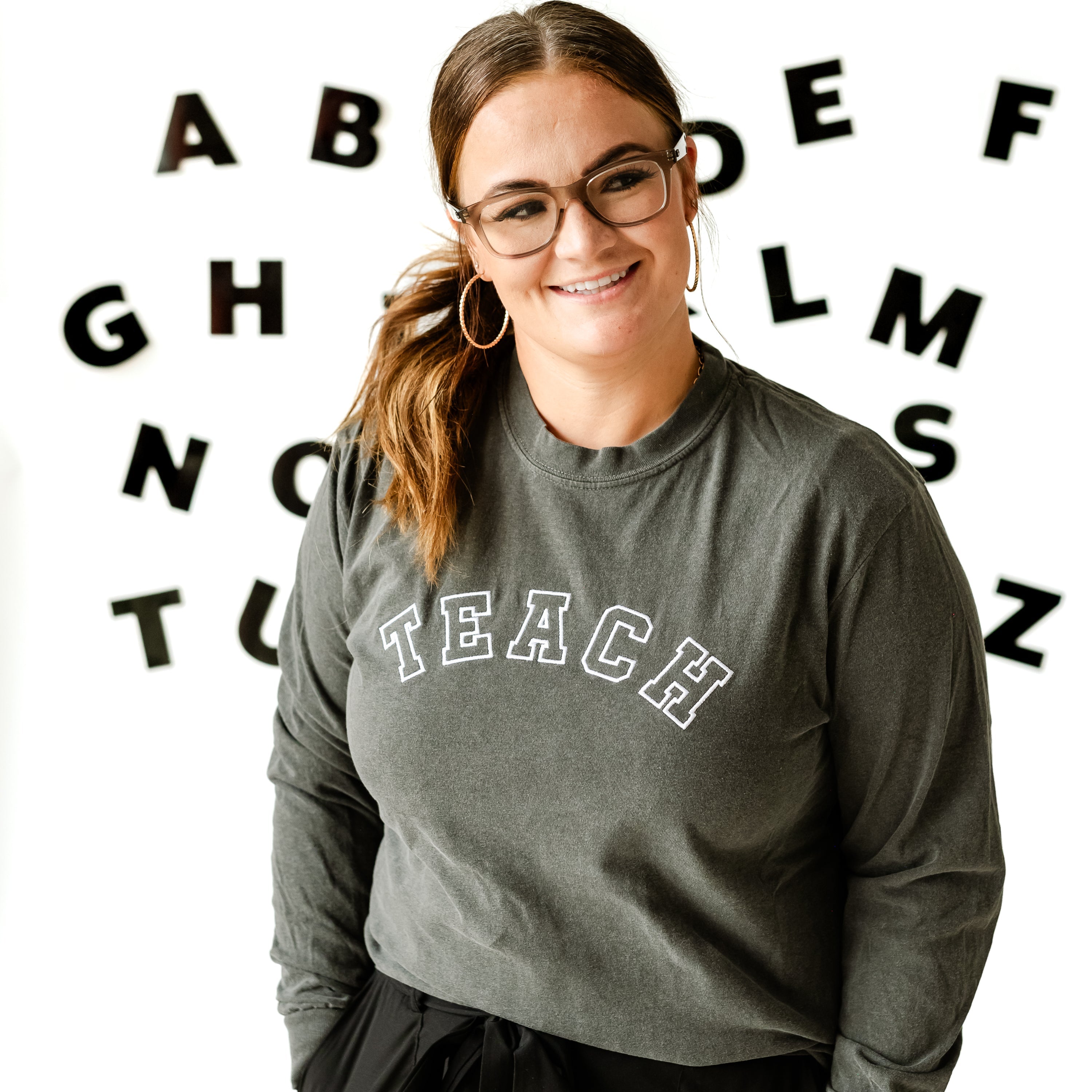 Embroidered Long Sleeve Comfort Colors Tee - TEACH - (Varsity Outline) White Thread Little Mama Shirt Shop LLC