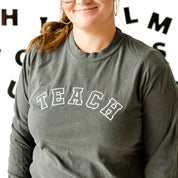 Embroidered Long Sleeve Comfort Colors Tee - TEACH - (Varsity Outline) White Thread Little Mama Shirt Shop LLC