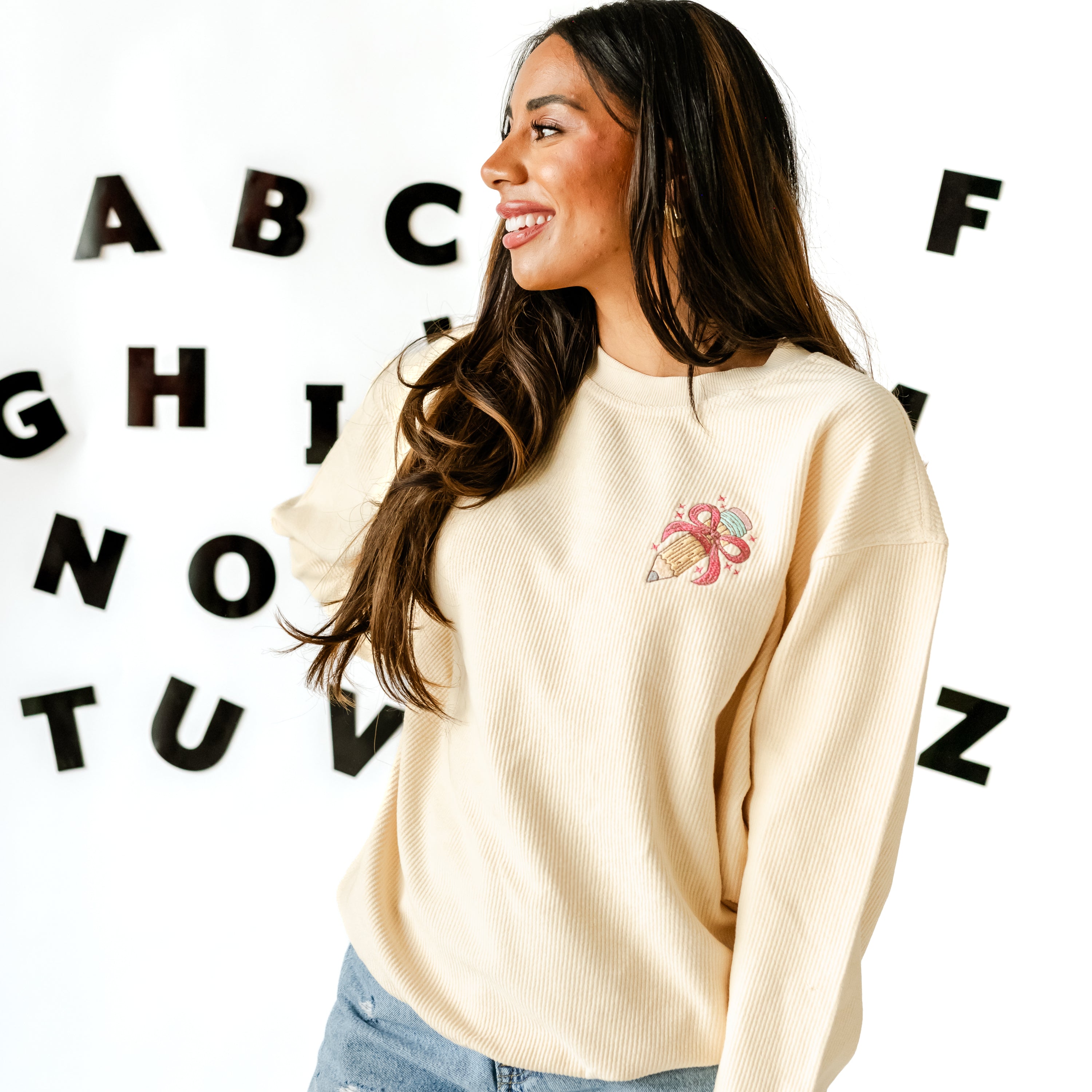 EMBROIDERED PENCIL WITH BOW - Corded Sweatshirt Little Mama Shirt Shop LLC