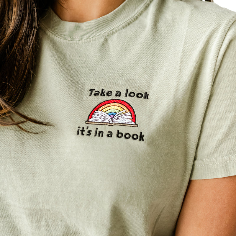 EMBROIDERED - TAKE A LOOK, IT'S IN A BOOK - READING RAINBOW -  SHORT SLEEVE COMFORT COLORS TEE
