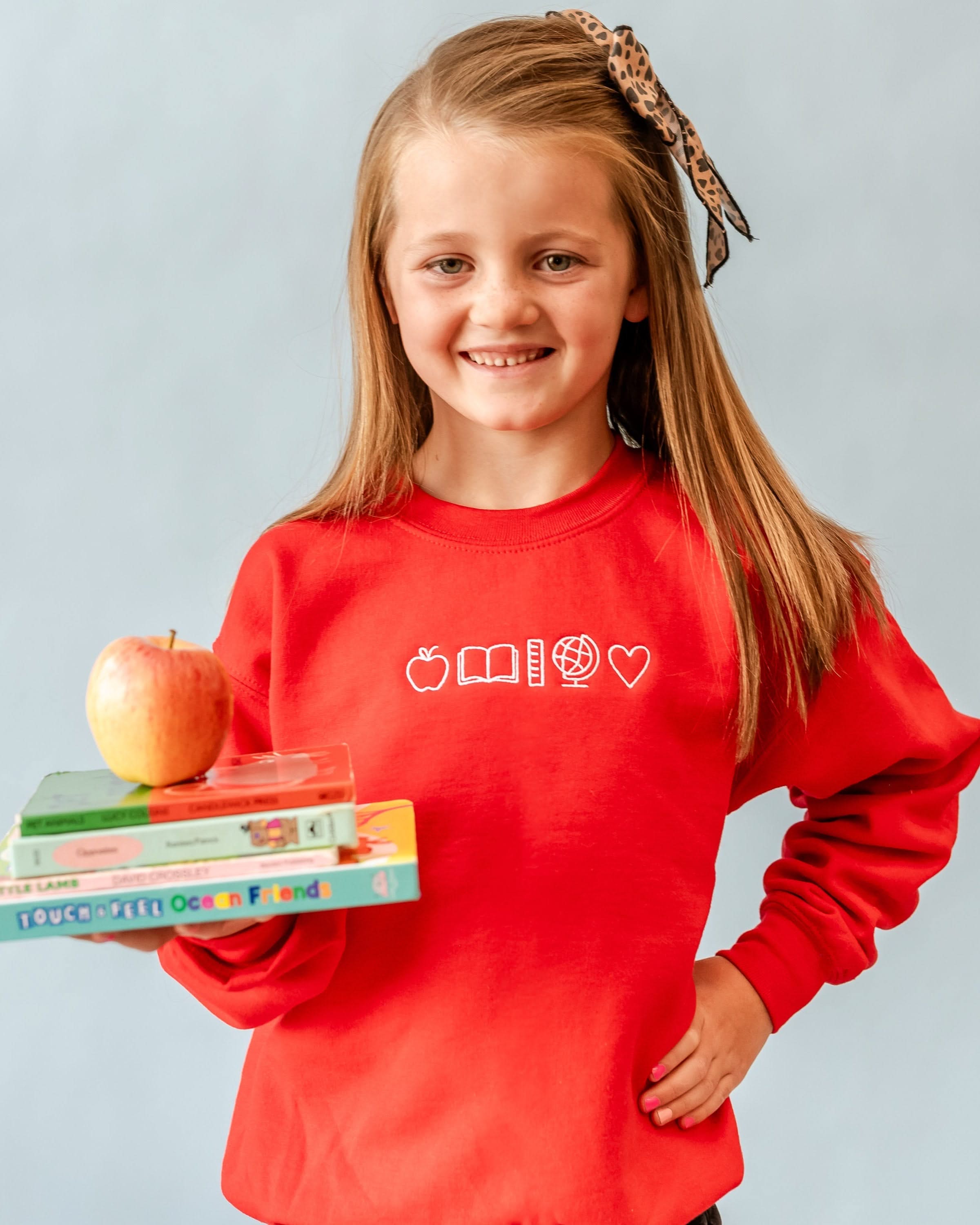 Embroidered Child Sweater - Red w/ White Thread - 5 School Things Little Mama Shirt Shop