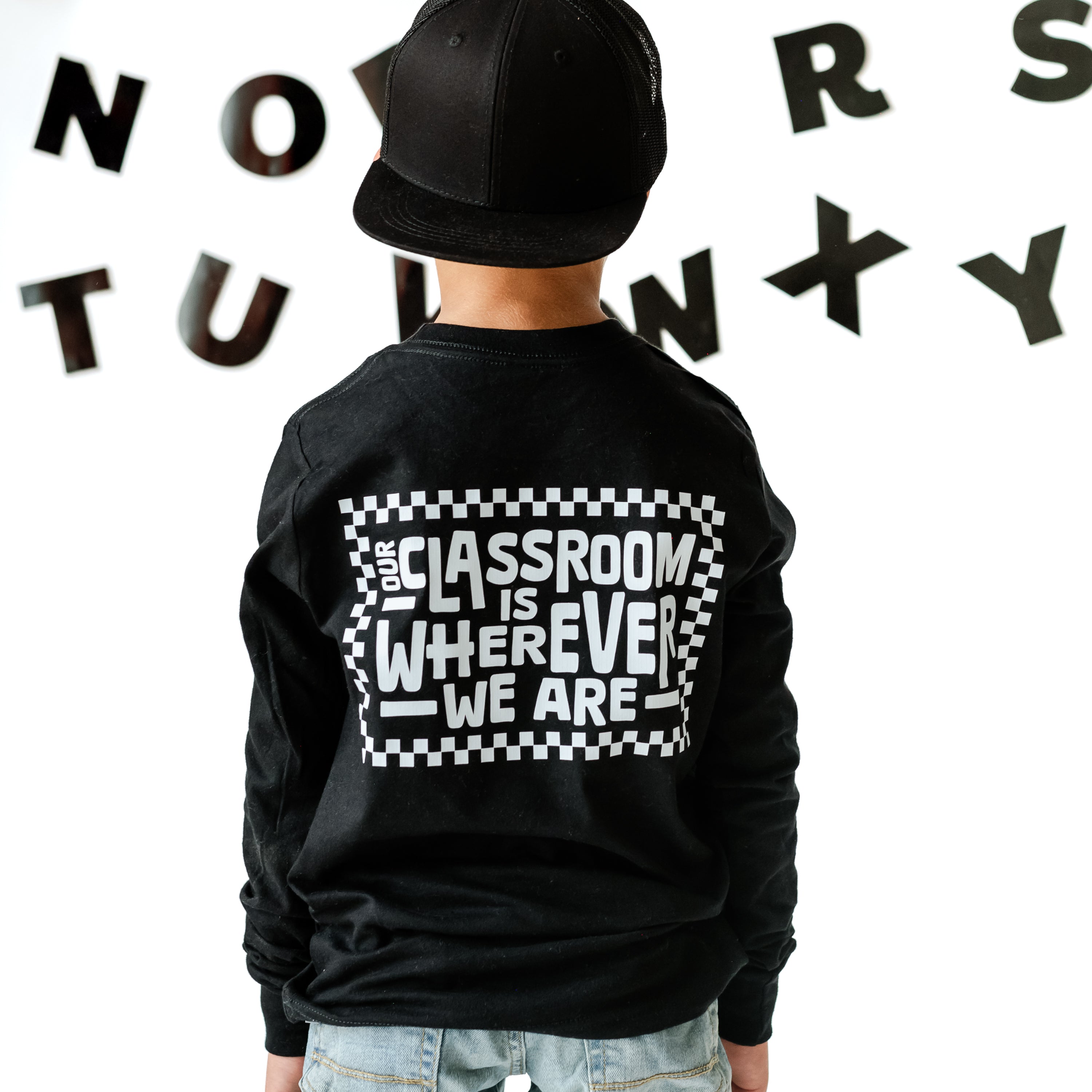 Home School Is Cool Pocket Design on Front w/ Full Our Classroom Is Wherever We Are On Back - Long Sleeve Child Shirt Little Mama Shirt Shop