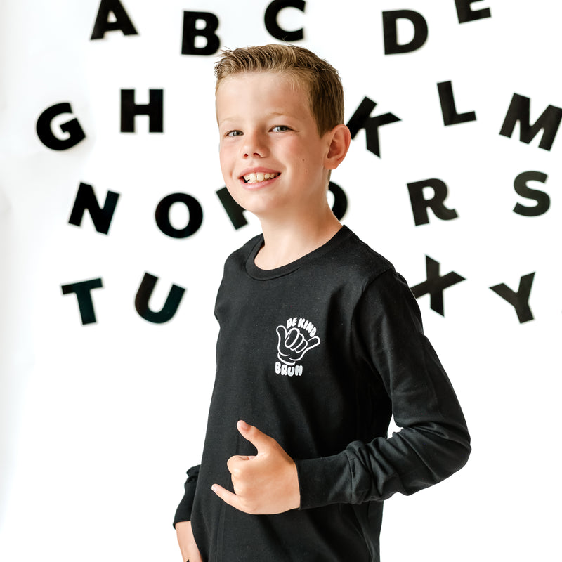 Be Kind Bruh Pocket Design on Front w/ It's Cool to Be Kind on Back - Long Sleeve Child Shirt