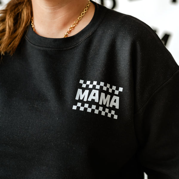 MAMA Pocket Design on Front w/ Full Our Classroom Is Wherever We Are On Back - BASIC FLEECE CREWNECK