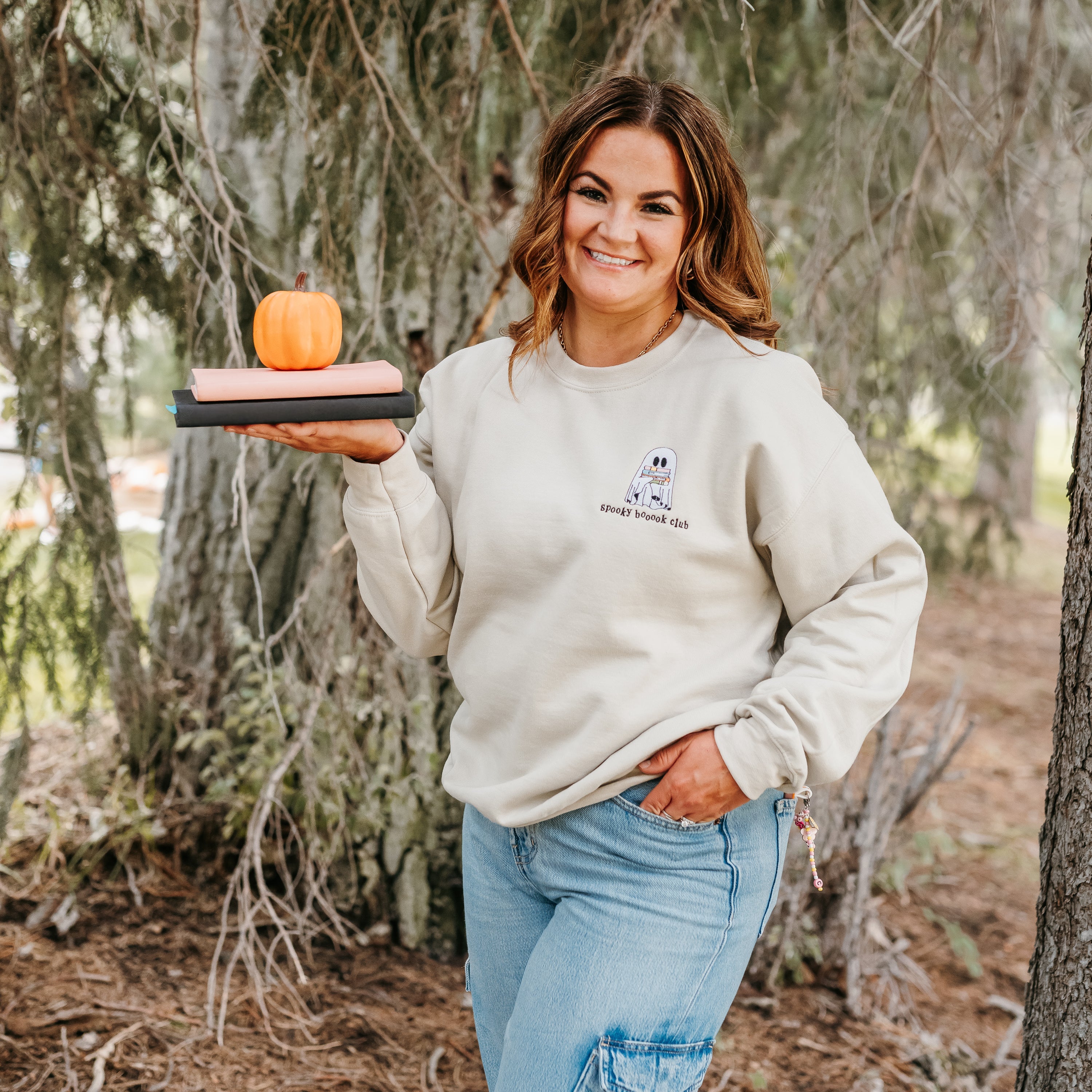 Embroidered Basic Fleece Crewneck - Spooky Booook Club Little Mama Shirt Shop LLC